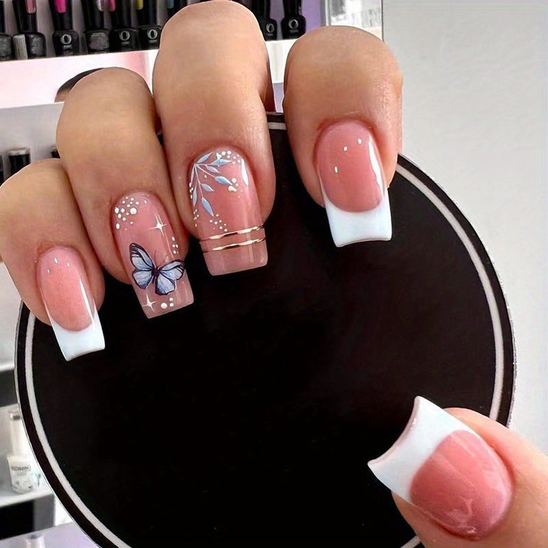 96pcs, 4 Sets of Medium Square Pressed Nail Fake Nails, Glossy Nail Glue, White Acrylic Nails, Spring Flower Patterns, Artificial Nails, Summer Shiny Fake Nail Design