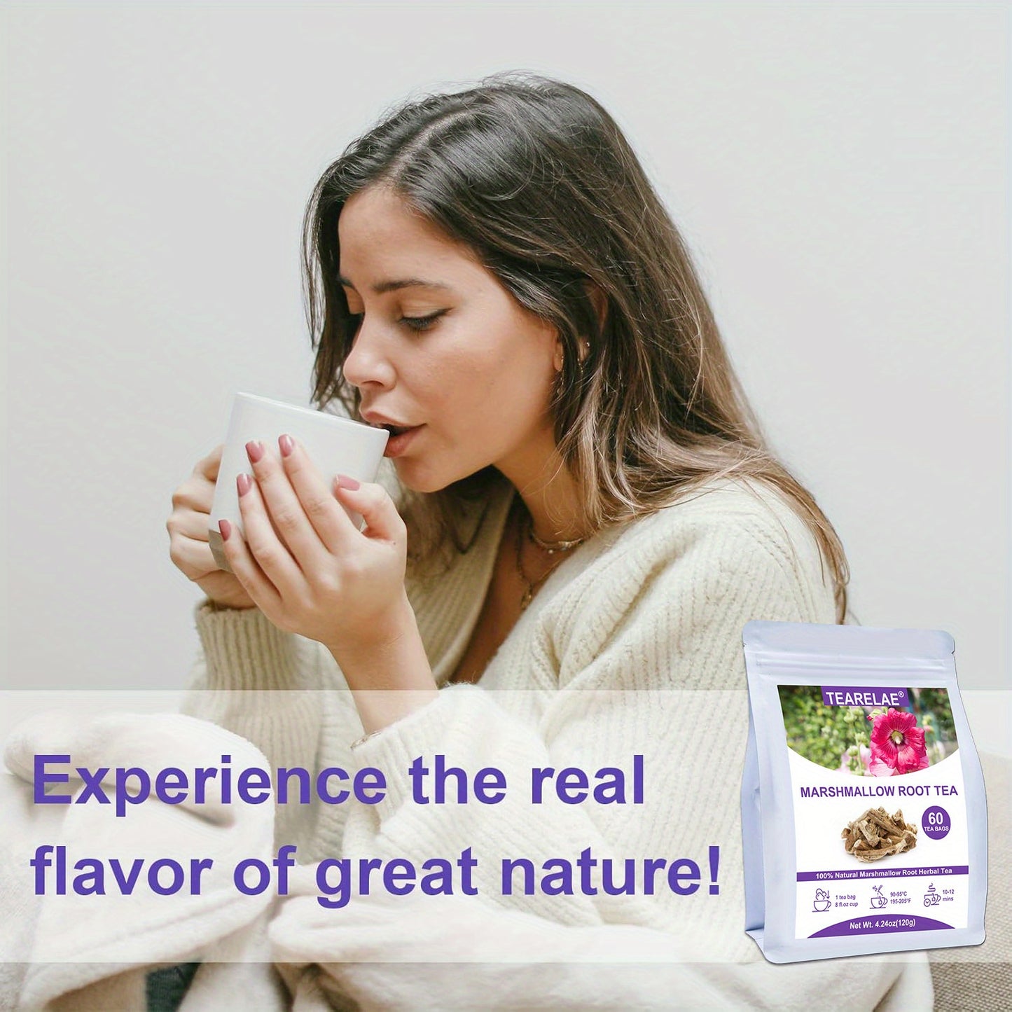 TEARELAE Premium Marshmallow Root Tea Bags - Caffeine-Free, Natural Herbal Blend for Soothing & Refreshing Sips - 4.24oz (60 Count)