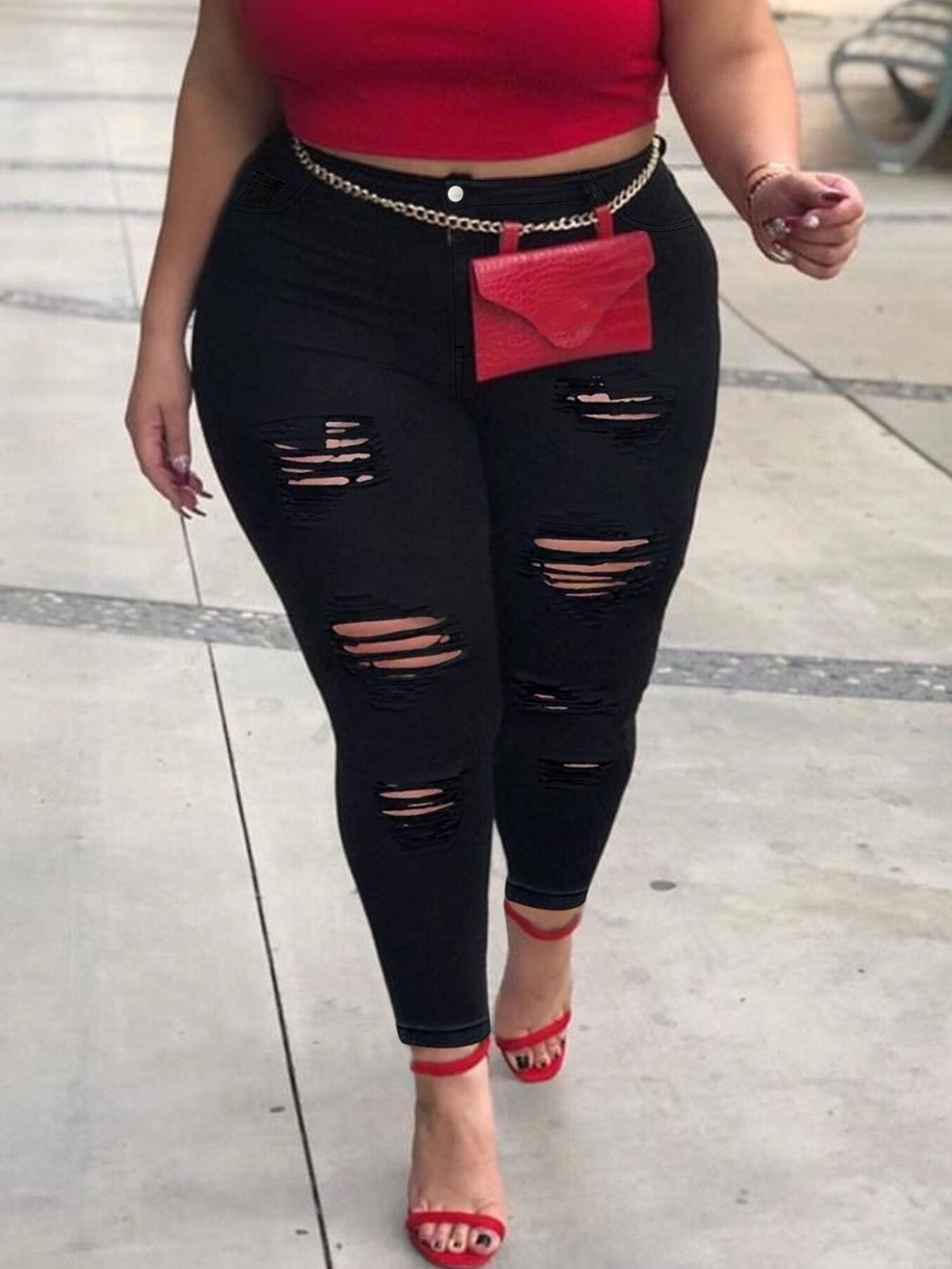 Plus Size Sexy Jeans, Women's Plus Ripped Button Fly Skinny High Stretch Slimming Jeans