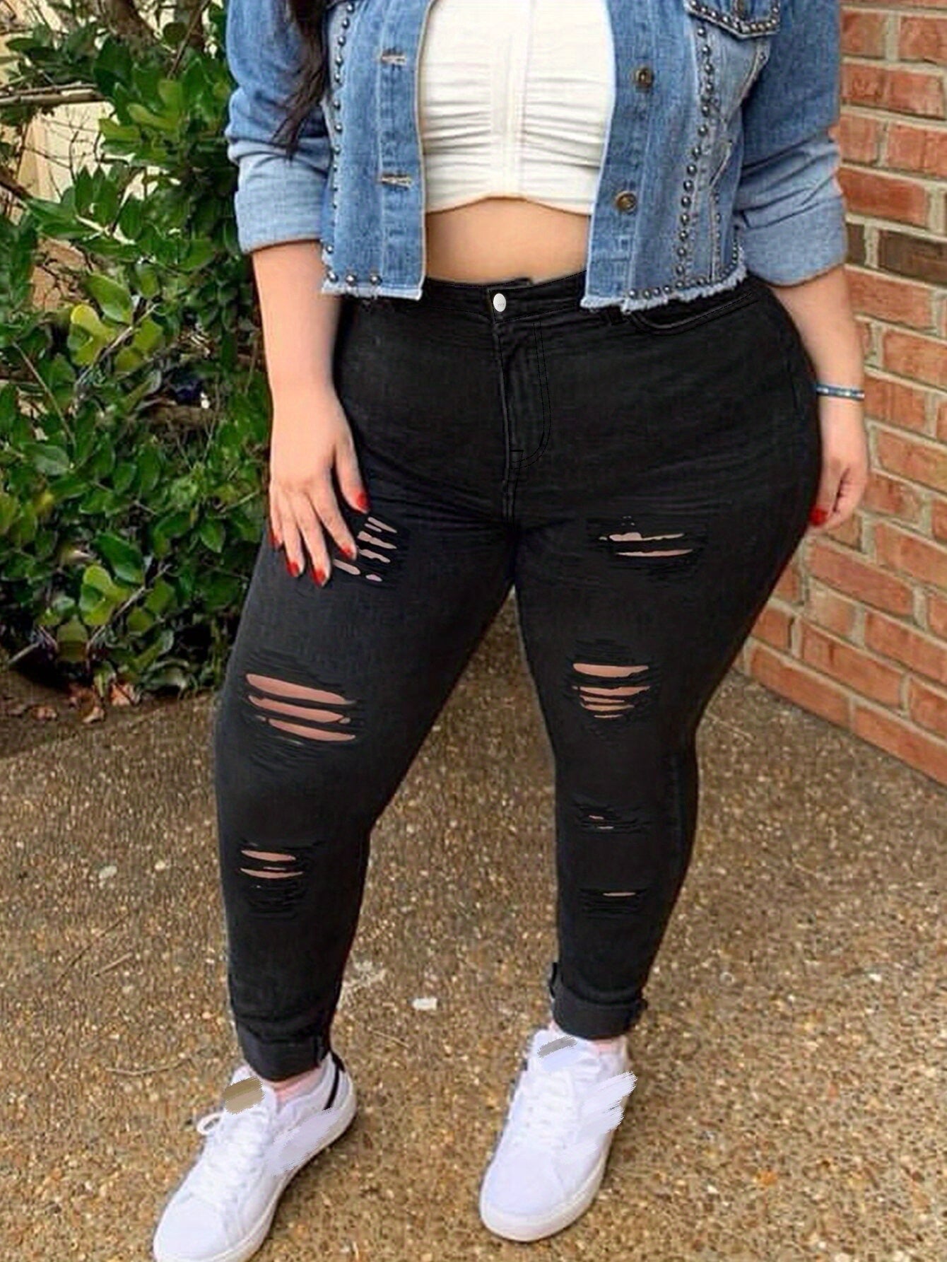 Plus Size Sexy Jeans, Women's Plus Ripped Button Fly Skinny High Stretch Slimming Jeans