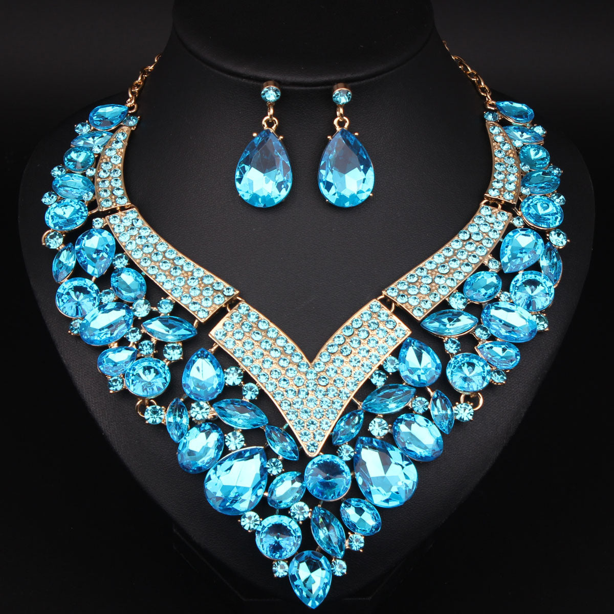 Rhinestone Necklace and Earring Set for Women, Perfect Bridal Accessories for Wedding day and Bridesmaids, Elegant Crystal Set for Brides, Ideal for Special Formal Occasions, White, Blue, Golden