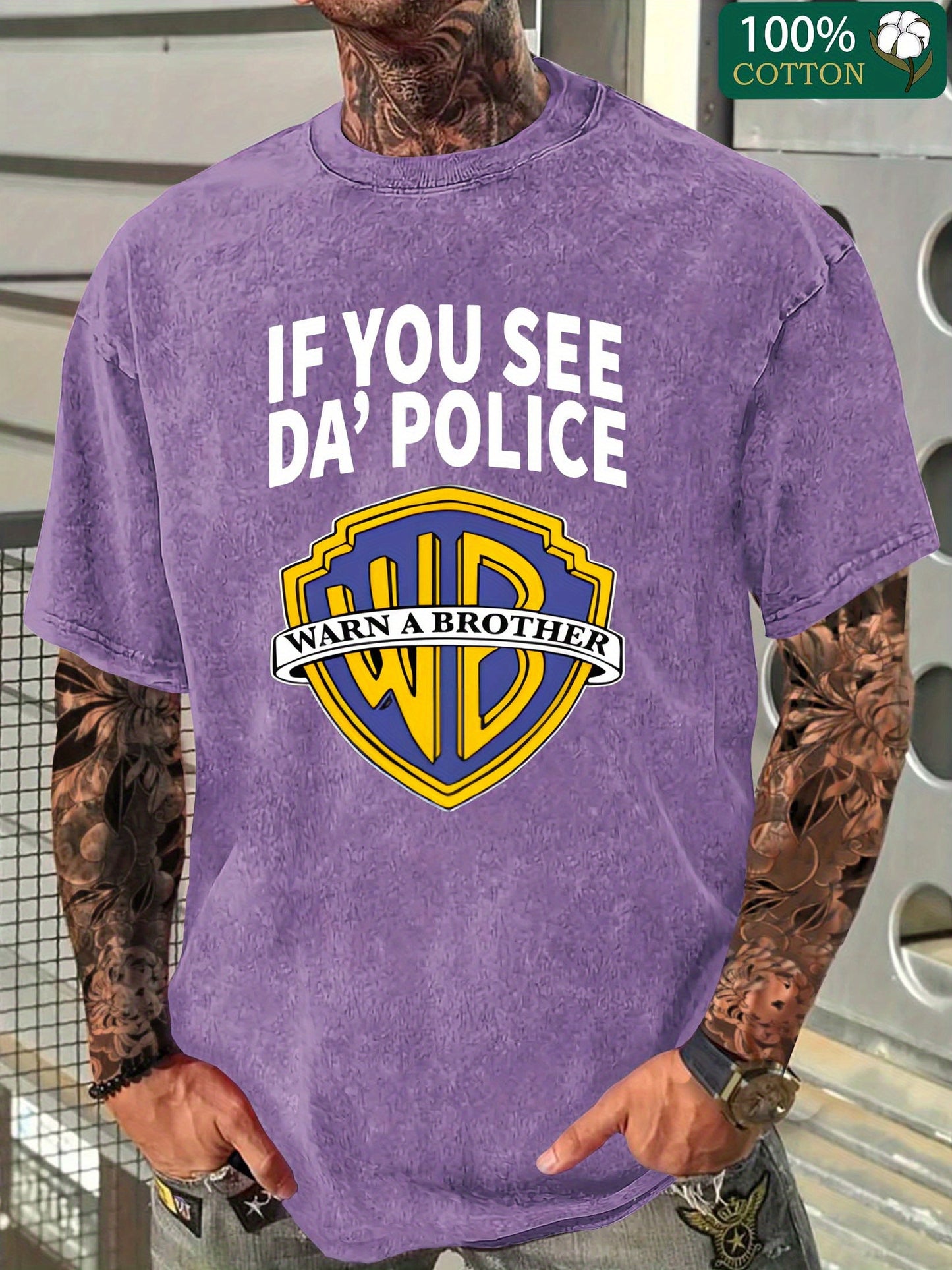 Men's "If You See Da Police" Graphic Cotton T-Shirt - Fun Pop Culture Twist, Distressed Washed Look, Casual Crew Neck Short Sleeve Tee, 230g Thick Cotton, Black with Yellow & White Logo Design, Everyday Clothing | Pop Culture