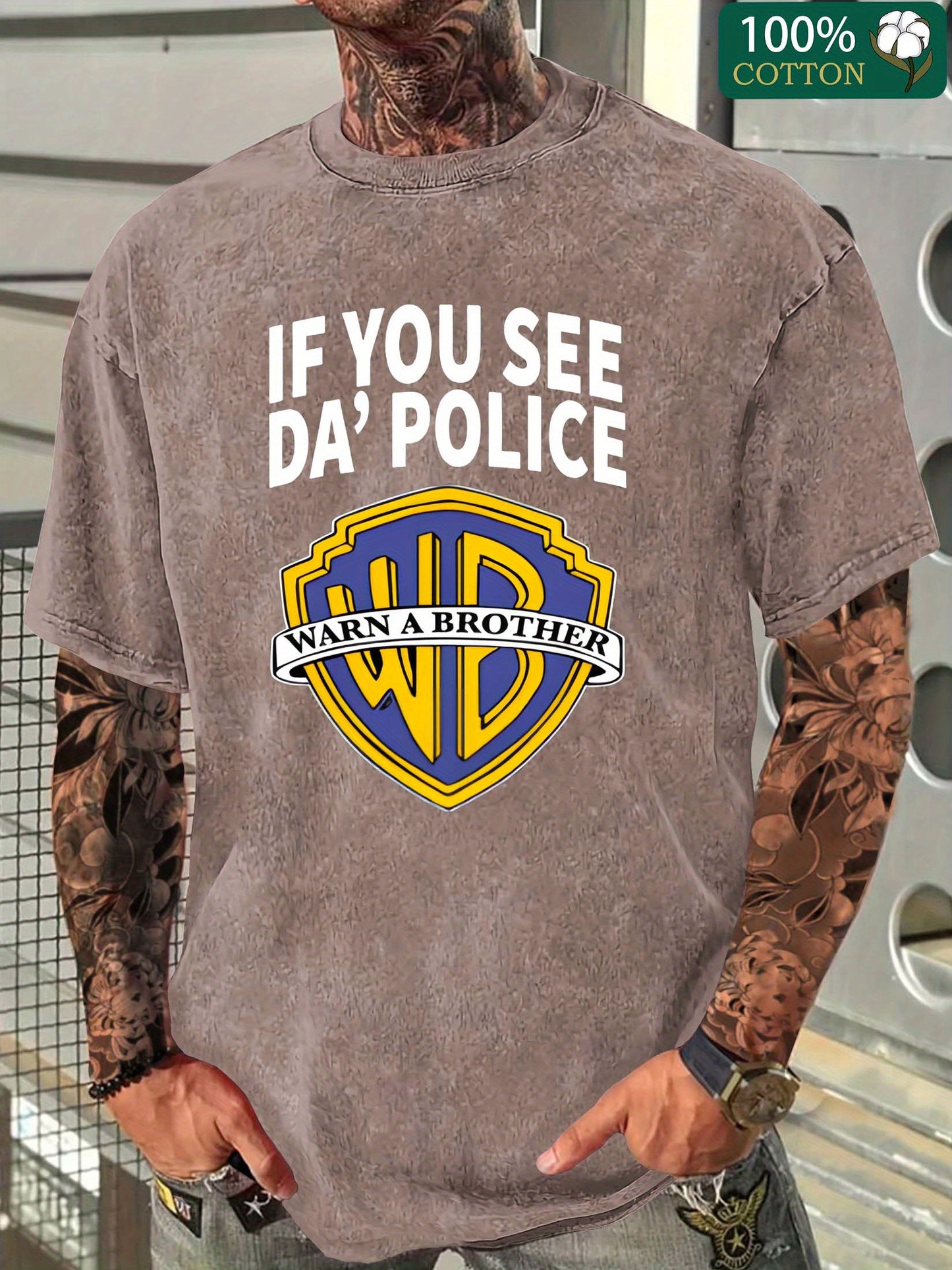 Men's "If You See Da Police" Graphic Cotton T-Shirt - Fun Pop Culture Twist, Distressed Washed Look, Casual Crew Neck Short Sleeve Tee, 230g Thick Cotton, Black with Yellow & White Logo Design, Everyday Clothing | Pop Culture