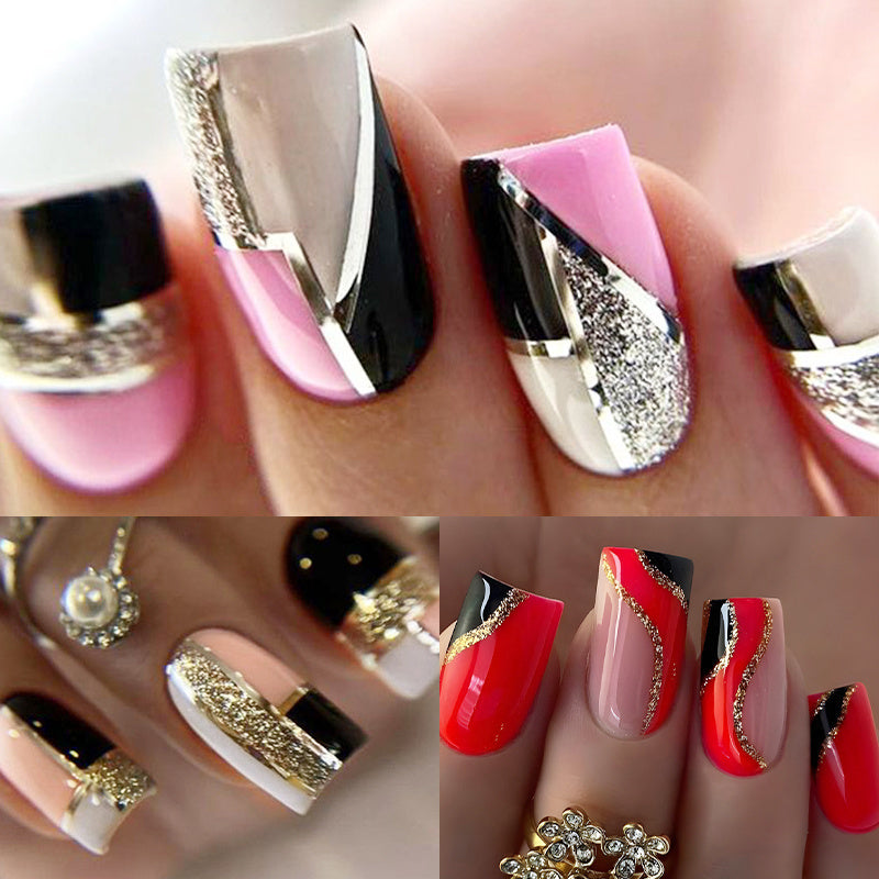 72PCS (3 PACK) Unique Red and Black Striped Nail Press - Medium Square, Smooth Surface, Silvery and Golden Shimmer Design, Suitable for Hand and Foot Care