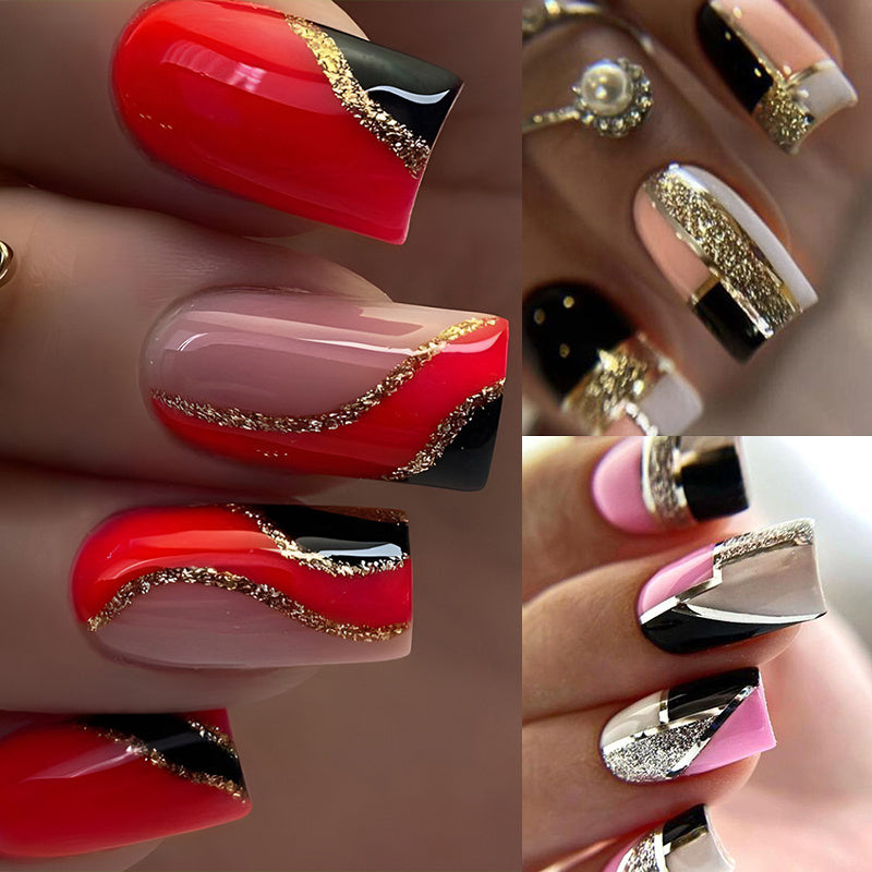 72PCS (3 PACK) Unique Red and Black Striped Nail Press - Medium Square, Smooth Surface, Silvery and Golden Shimmer Design, Suitable for Hand and Foot Care