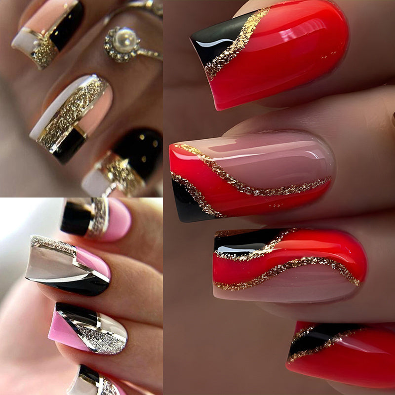 72PCS (3 PACK) Unique Red and Black Striped Nail Press - Medium Square, Smooth Surface, Silvery and Golden Shimmer Design, Suitable for Hand and Foot Care