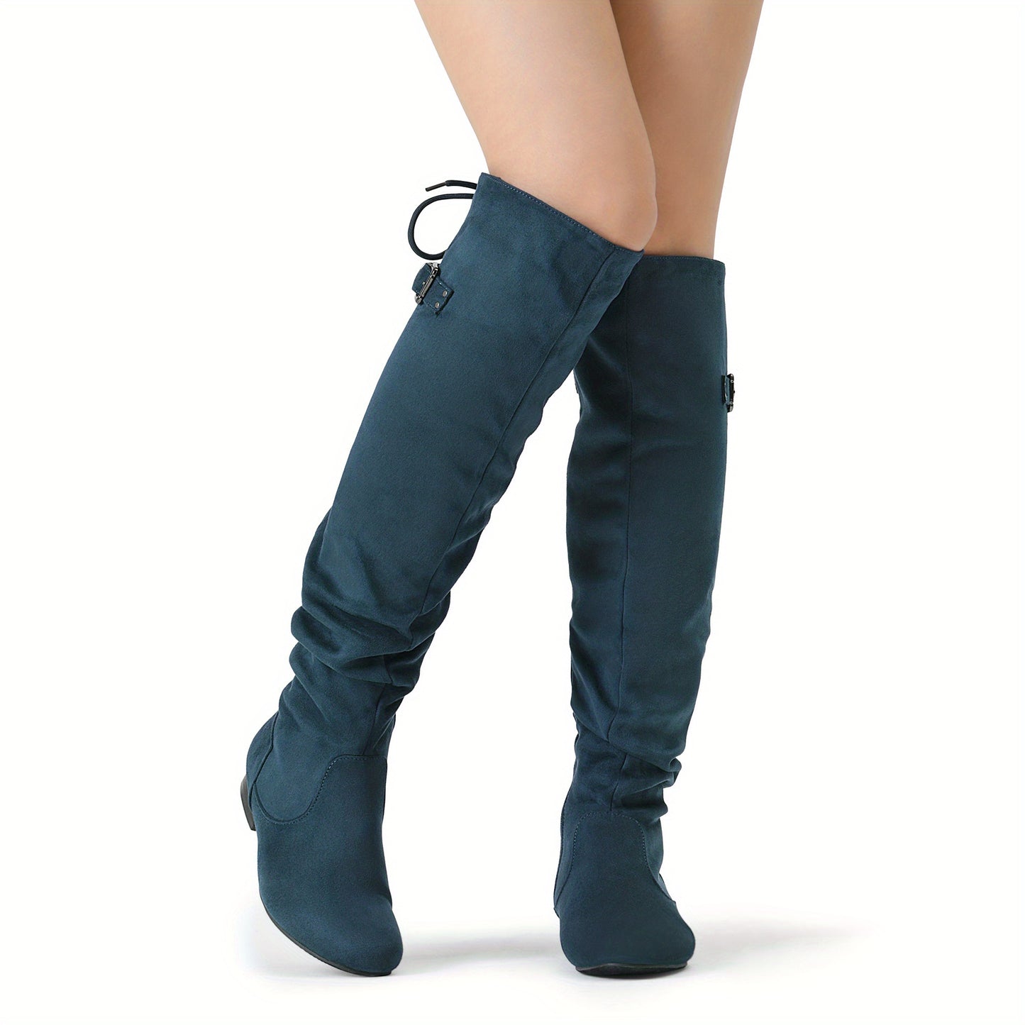 Elegant Women's Cover Over-the-Knee Boots - Teal Pointed Toe with Chunky Low Heel, Slip-Resistant Sole, Lace-Up & Buckle Detail - Cozy Winter Fashion Boots for Comfortable Walking, Perfect Christmas Gift, Comfortable Walking