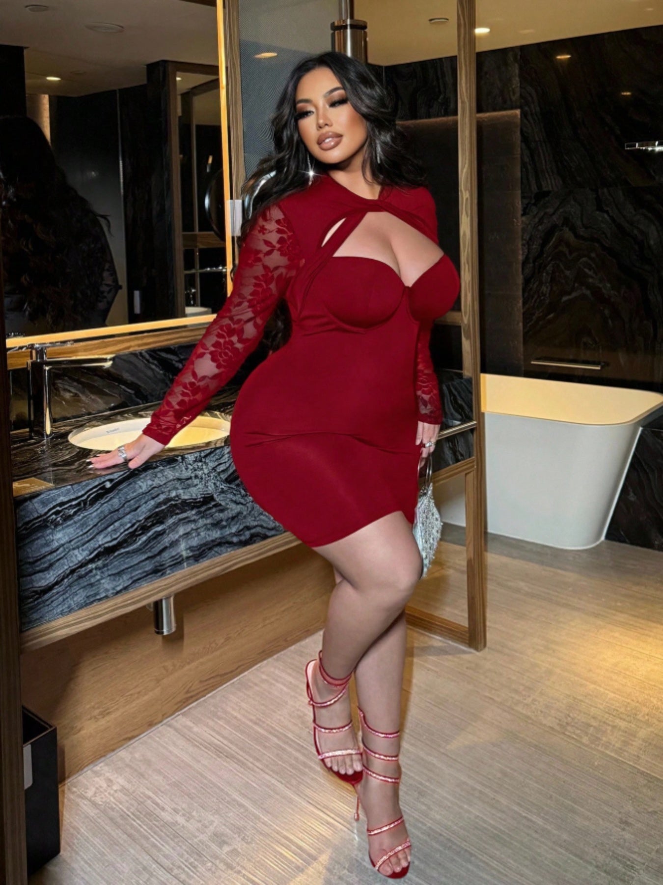 Plus Size, Women's Plus Size Elegant Lace Dress - Slim Fit Mini Dress Suitable for Dating, Party & Dinner Party Outfits | Spring Summer -Neck Long Sleeve Party Dress