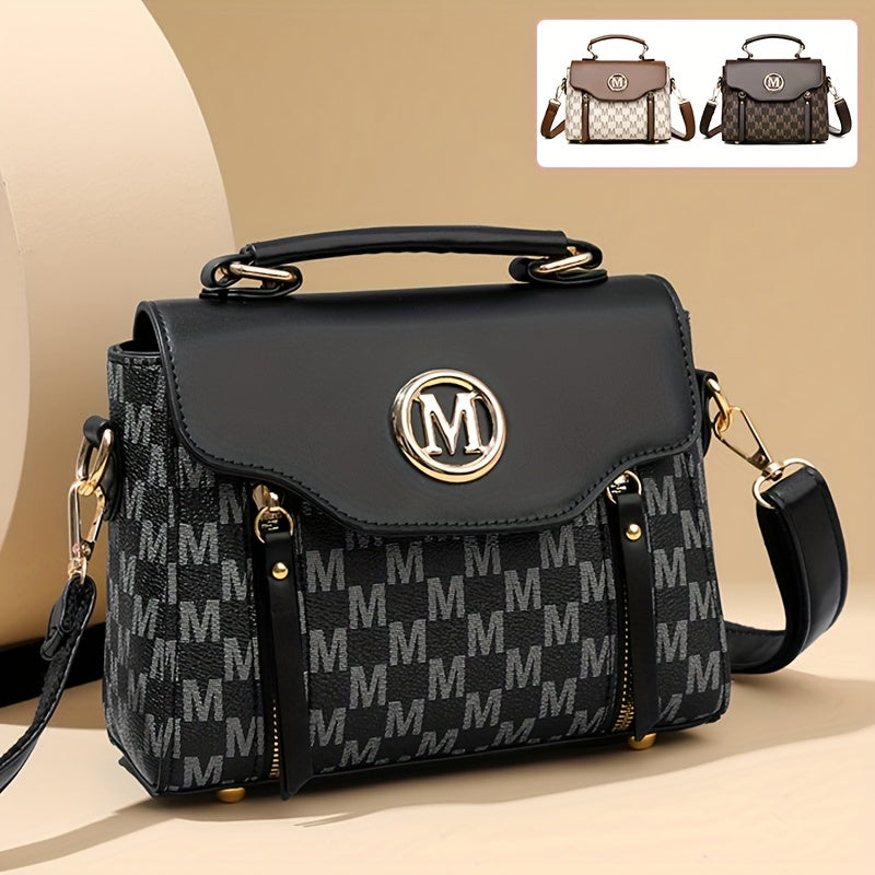 Vintage Geometric Women's Handbag - Large Capacity PU Shoulder Bag with Golden-Tone Hardware, Herringbone Pattern & Letter "M" Design, Detachable Strap, Perfect for Everyday Use (Light Brown/White/Black)