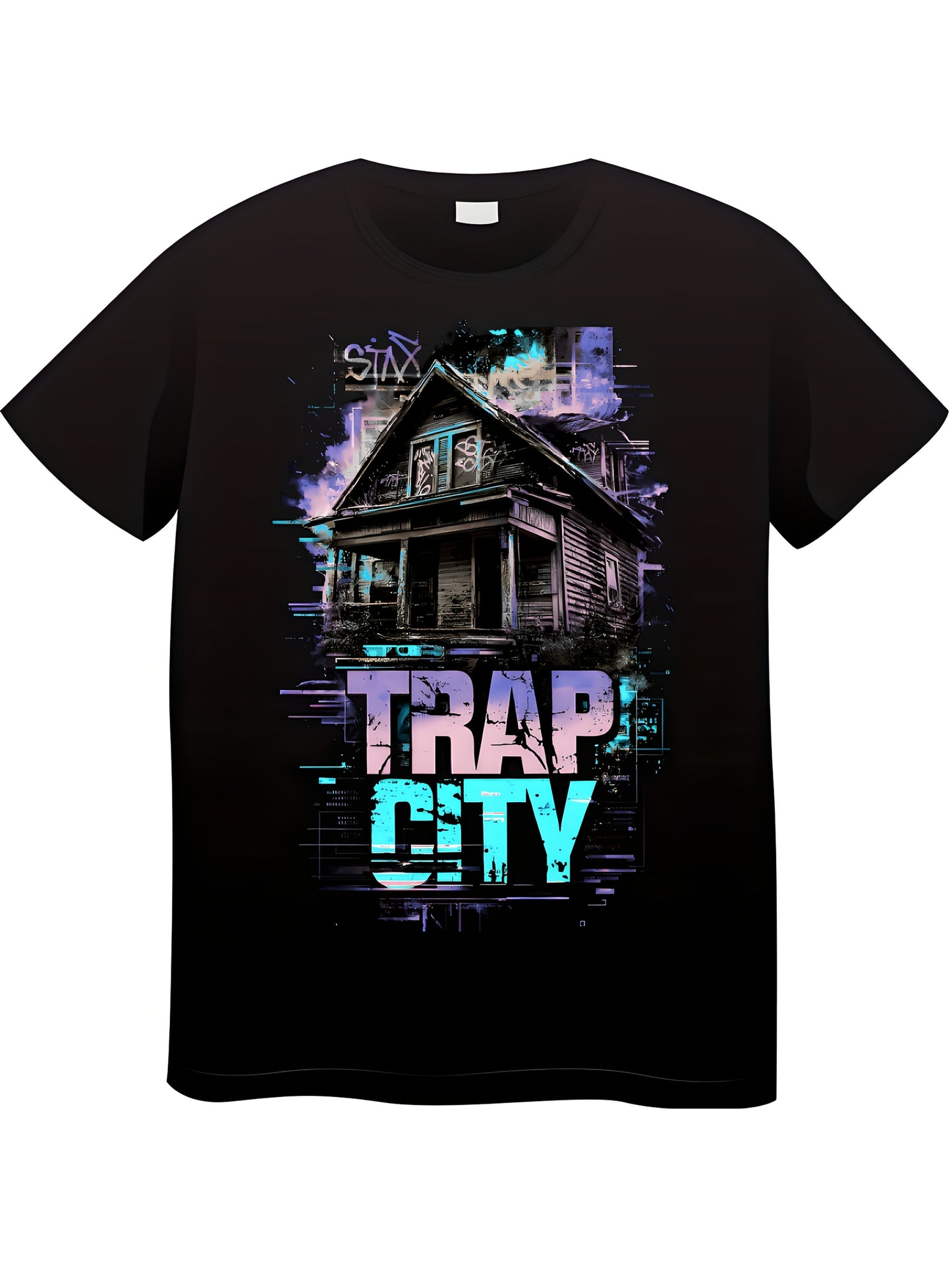 2025 Graffiti-Style Men's T-Shirt - TRAP CITY Text & Anime Graphic Print, Black Crew Neck, 100% Cotton, Breathable & Comfortable, Regular Fit Casual Top for Daily Wear, Comfortable Streetwear, Urban Anime Apparel