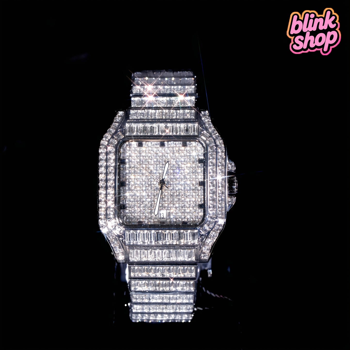Luxury Hip Hop Square Rhinestone Watch - Full Rhinestone Geometric Glow-in-the-Dark Dial, Stainless Steel Band, 30m Waterproof, Mechanical Movement, Elegant Stage Performance Wristwatch for Christmas, Thanksgiving, Valentine'