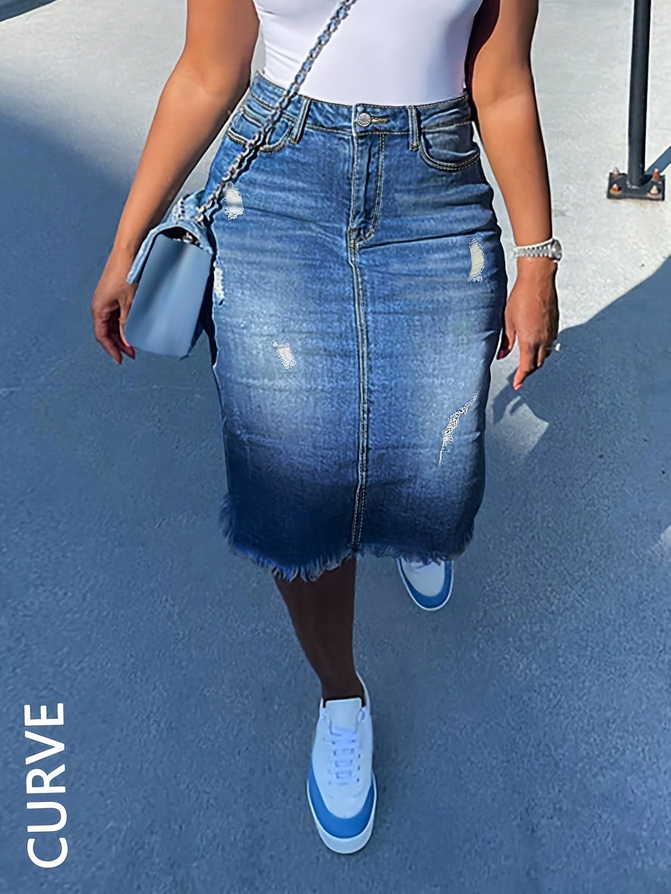 Plus Size Women's Stretchy High Waisted Bodycon A-Line Denim Skirt - Sexy Casual Mini Skirt with Back Slit & Raw Hem, Machine Washable, Pockets, Solid Black for Spring/Summer/Fall, High Waisted Skirt, Seasonal Fashion, Stylis