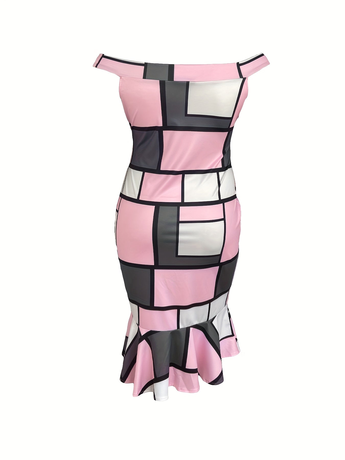 Plus Size, Plus Size Women's Off-the-Shoulder Red & Black Plaid Bodycon Dress with Asymmetrical Ruffled Hem - Summer Casual to Party Wear, Machine Washable, Cute Bodycon Dress