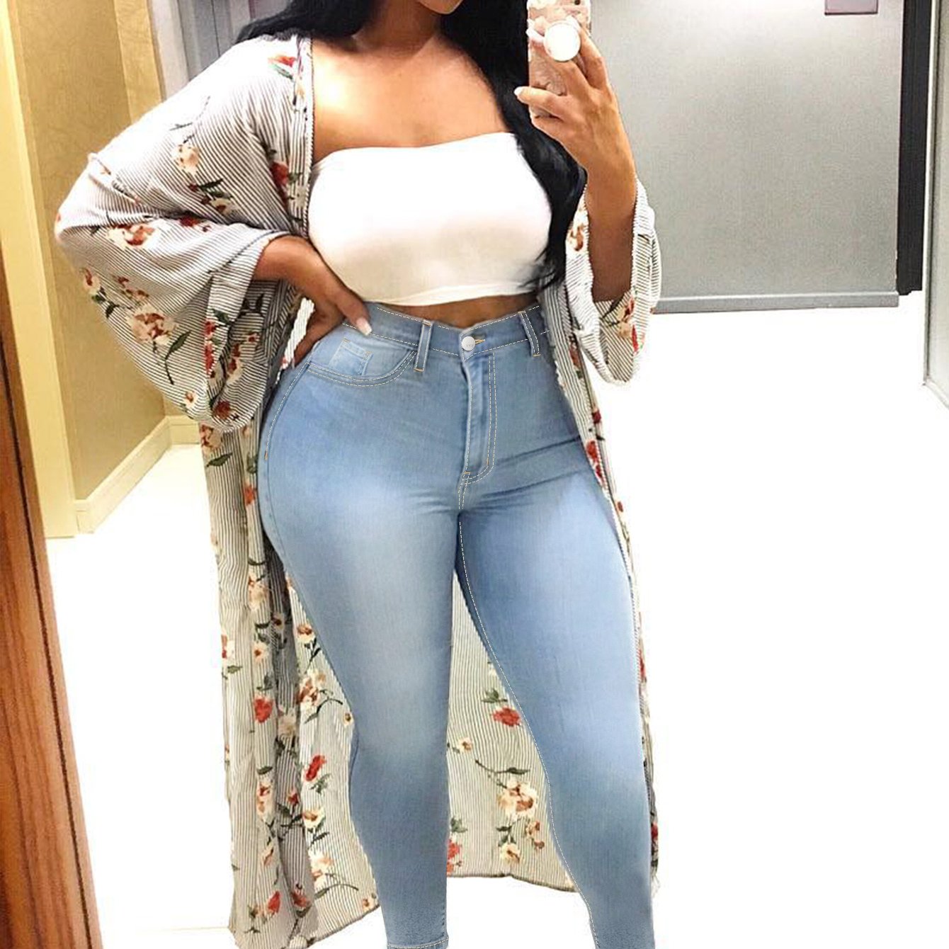 Plus Size High Waisted Slim Fit Solid Color Light Blue Skinny Jeans for Women Full Length Stretchy Denim Jeans