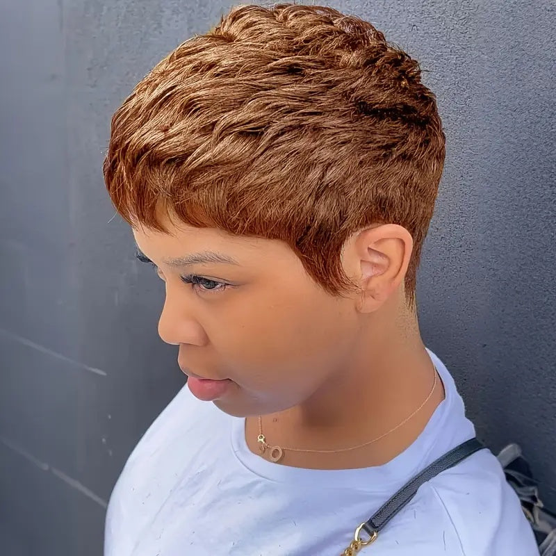 Women's Brazilian Human Hair Pixie Cut Wig - Honey Blonde (Light Brown to Blonde Highlights), Natural Look & Feel, High Volume & Density 150% Straight Hair with Bangs, Rose Net Cap for Secure Fit - Light Brown to Blonde Highl