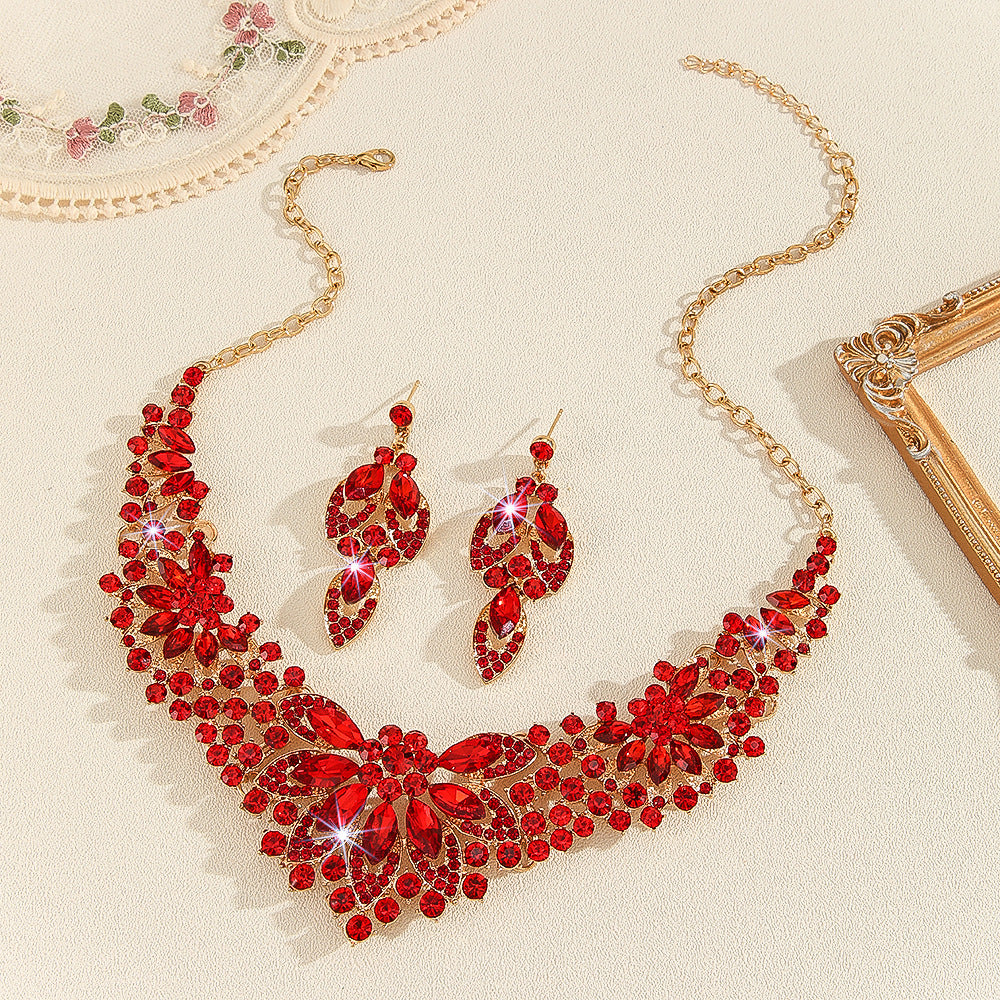 2pcs Bold Red Lab-Created Artificial Crystal Necklace& Earrings Set, Bridal Wedding Jewelry Gift for Women, Statement Anniversary Valentine's Day Accessories for Bride, Luxe Artificial Crystal Bridesmaid Set