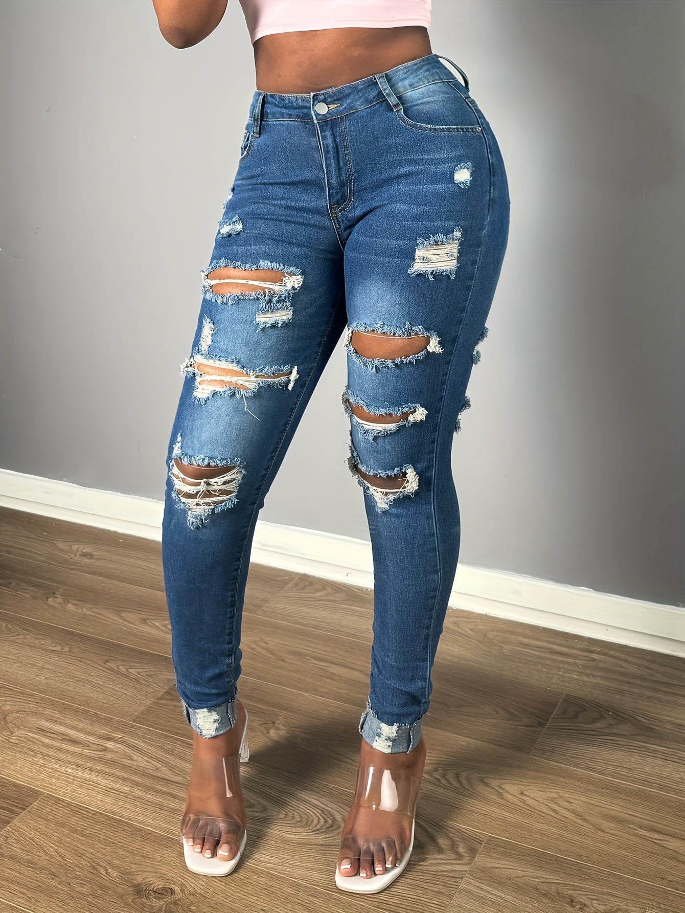 Stylish Slim-Fit Ripped Hem Skinny Jeans - Plicated Pattern, Distressed Wash, Slant Pocket, Stretchy Denim, Soft Fabric, Women's Fashion Denim Pants & Clothing For Casual Wear