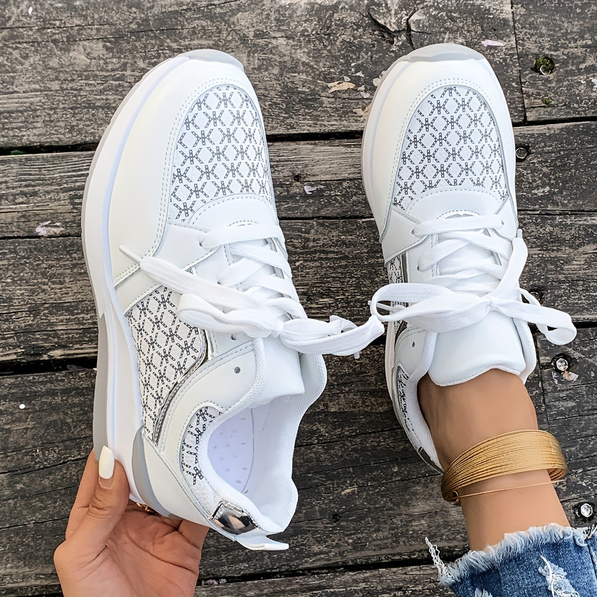 Women's White Wedge Sneakers with Black Geometric Print - Height-Increasing Lace-Up Low-Top Casual Shoes, Synthetic Cover Upper & PU Sole, Fabric Lining for Autumn Fashion, Ladies Sneakers, Stylish Laceups, Durable Pu Sole