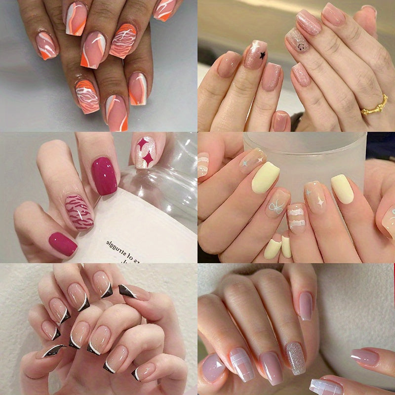 144pcs/6pcs Glitter Press On Nails - Square Medium Length False Nails with Geometric Stripes, Pale Pink & Orange Glossy Acrylic Full Cover Fake Nails with Glue for Women, Spring Summer Nail Art