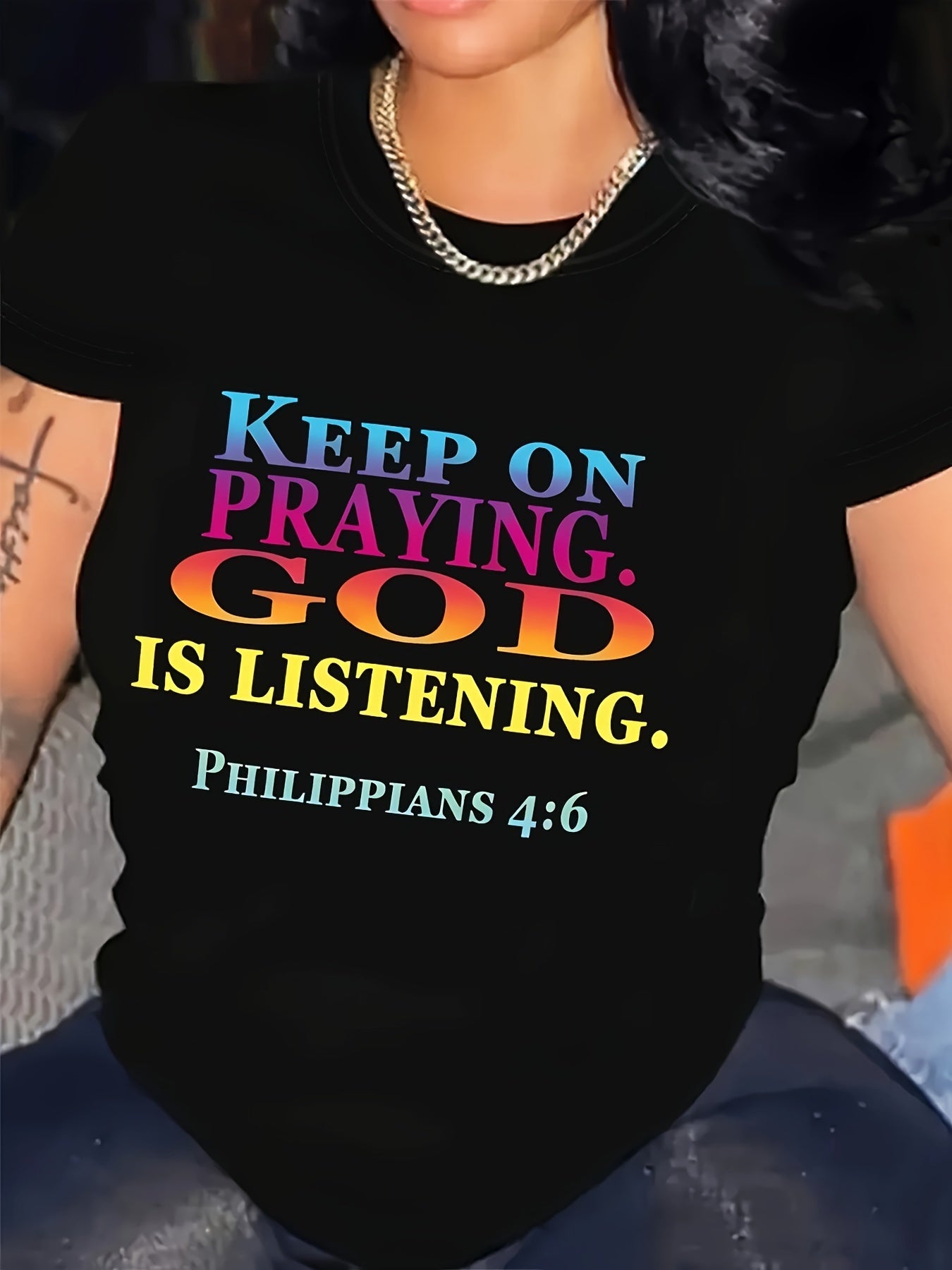 Women'S Polyester Crew Neck T-Shirt with "Keep on Praying, God is Listening" Print - Casual Christian Knit Tee with Alphabet Pattern - All Season Comfort