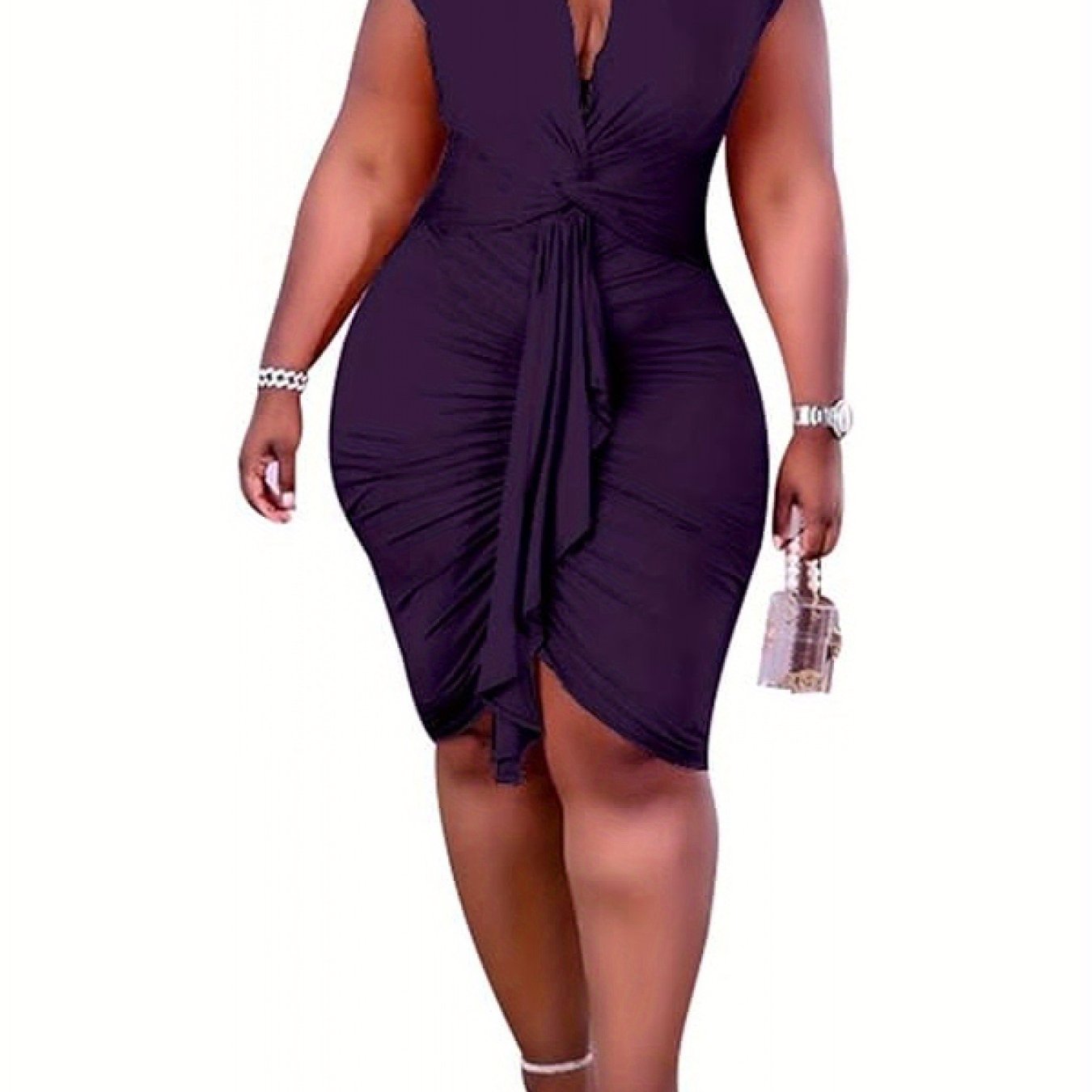 Plus Size Women's Bodycon Mini Dress - Sleeveless V-Neck Ruched Waist with Adjustable Drawstring, Stretchy Polyester-Spandex Blend, Sexy Elegant Clubwear for Parties & Night Out, White/Pink/Black Colors, Special Occasion Wear