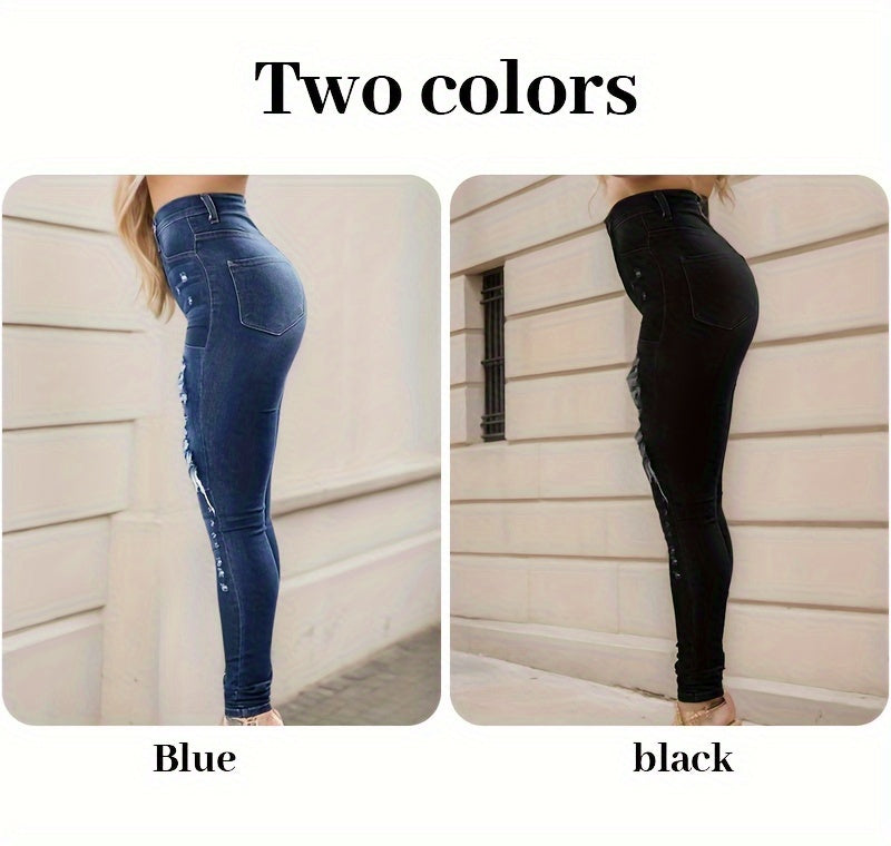 Ripped High Waisted High Stretch Tight Jeans, Comfortable Casual Jeans, Suitable For Daily Wear, Women's Jeans And Clothing