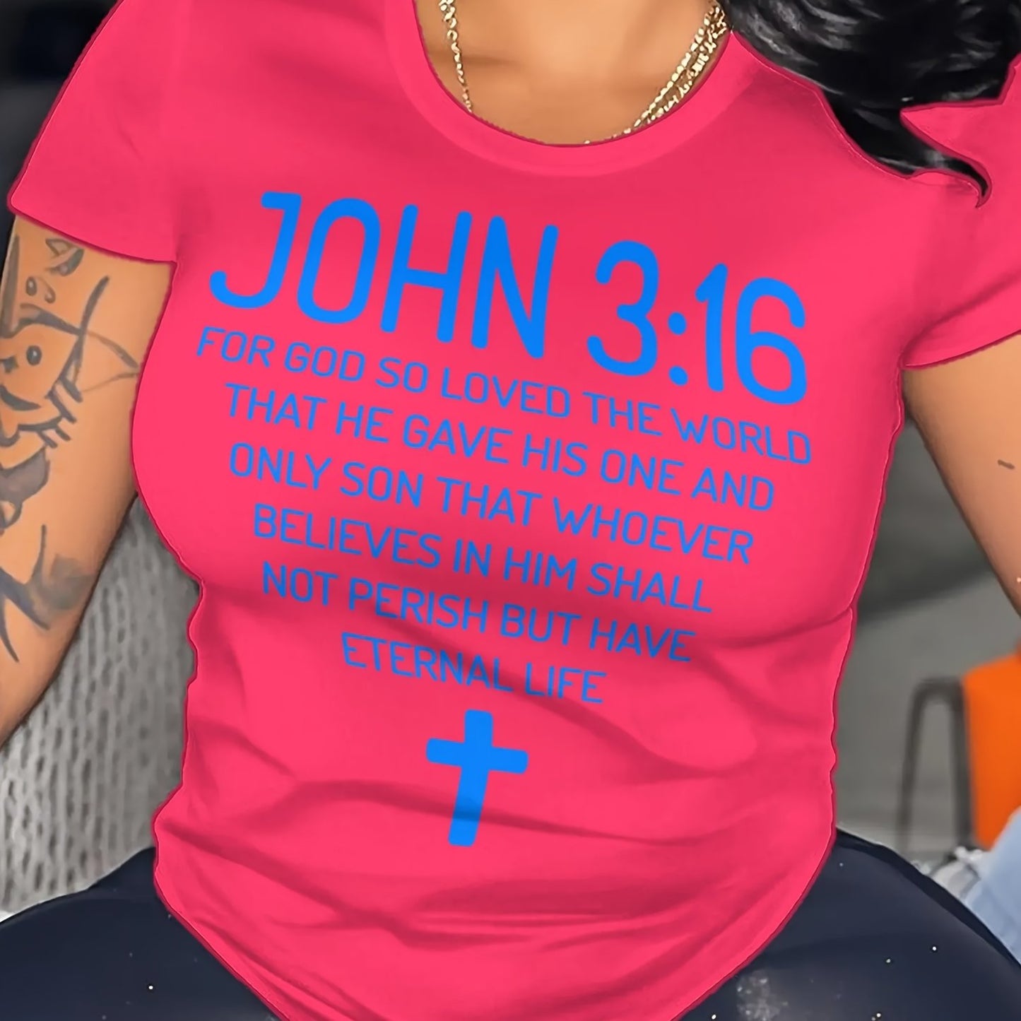 Plus Size - Plus Size Women'S "John 3 16 Bible Verse Scripture Christians" Print Summer T-Shirt | Soft Breathable Fabric | Casual Short Sleeve Round Neck Tee | Summer Vacation Clothing | Size 0XL-5XL - Coral - Black - Rose Re