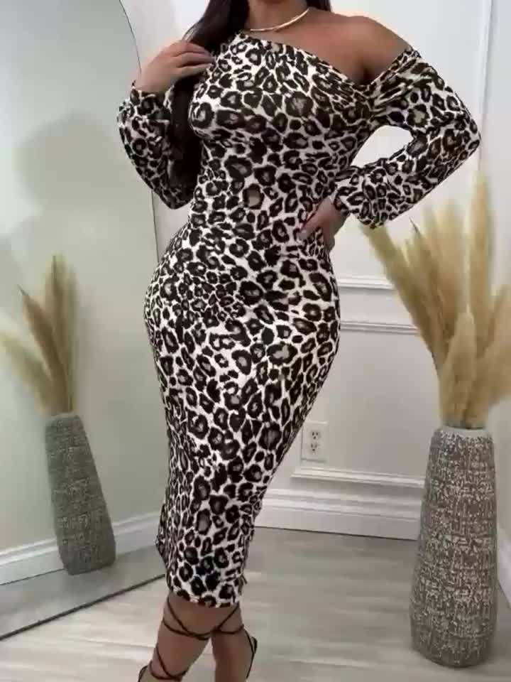 Long Sleeve Mid-Length Polyester Women's Elegant Knit Leopard Print Off-Shoulder Dress, All-Season, Adult Fit, No Belt
