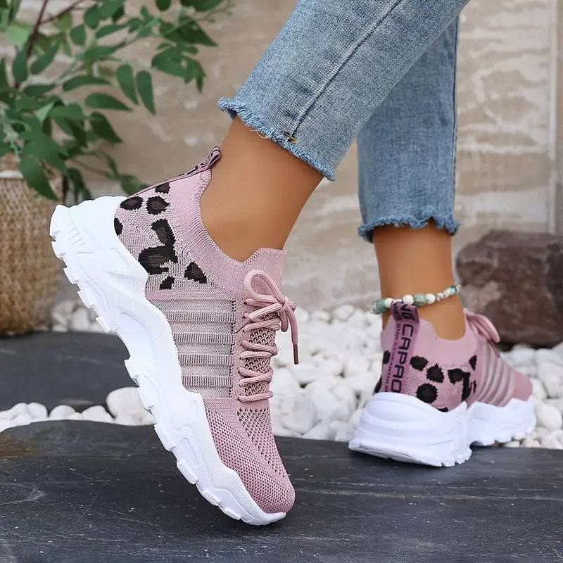 Women'S Shoes, Fashionable New Style, Mesh, Breathable Sports Shoes, Retro White Sneakers, Korean-Style, Casual Women'S Shoes, Leopard Print Embellishment, Running, Walking, Brisk Walking, Tennis, Outdoor