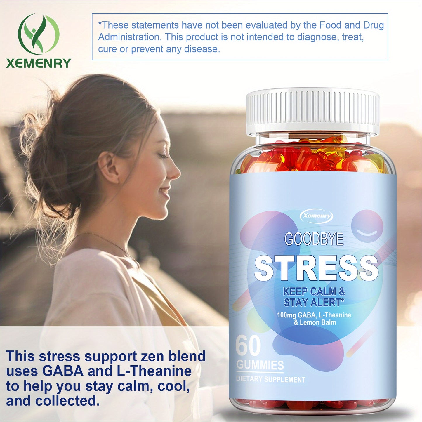 Goodbye Stress - Contains Gamma-aminobutyric Acid, L-Theanine, Lemon Balm Extract, Supports Mood, Relaxation and Sleep - 60pcs