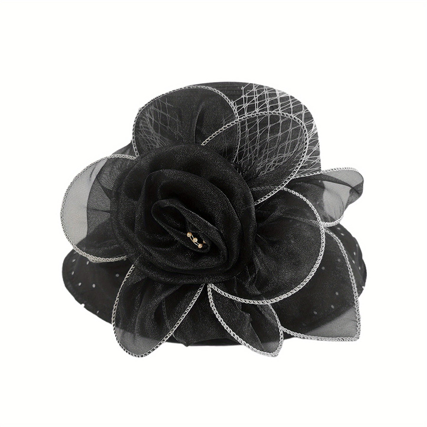 Women's Breathable Organza Sun Hat - Wide Brim Bucket Cap with 3D Floral Accents, Elegant Church & Party Hat for Outdoor Weddings, Garden Events, Machine Washable, Ladies Sun Hat, Delicate Openweave Fabric, Bridal Accessories