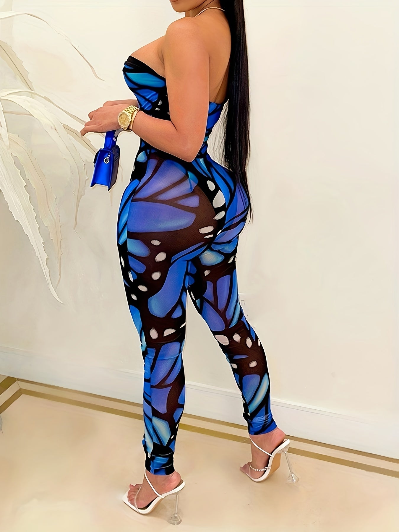 Women's Off-Shoulder Geometric Print Jumpsuit - Stretchy Machine-Washable Casual Pantsuit for All Seasons, Blue & Black Bold Pattern, Versatile Day to Night Wear, Summer Fashion, Butterfly Pattern, Stretchy Fabric