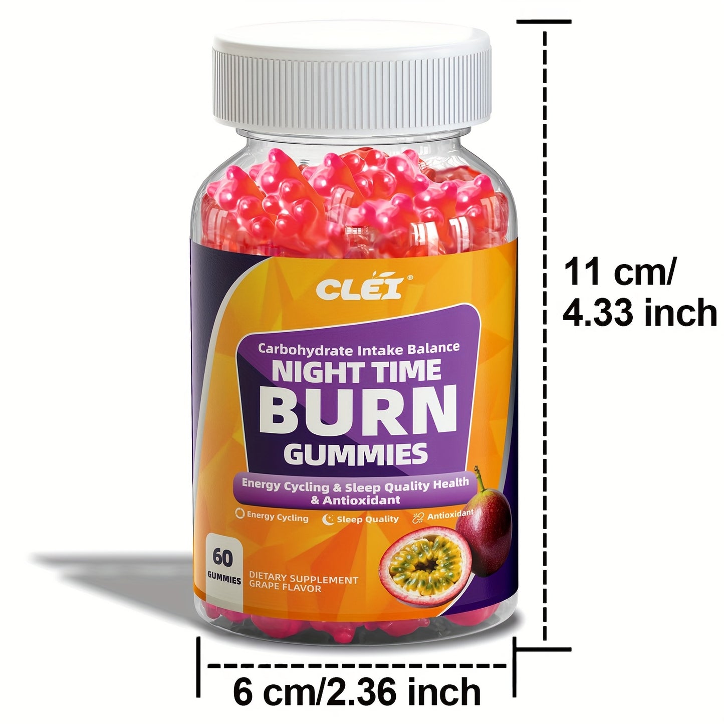 CLEI-NIGHT TIMEBURN Antioxidant Gummies with White Kidney Bean Extract, Green Coffee Bean Extract, Lemon Balm, Melatonin & Passionflower - 60 Gummies for Sleep Aid, Mood Support & Nighttime Digestion, Gentle Nighttime Formula