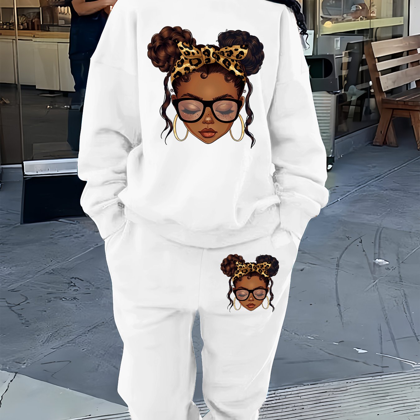 Graphic Print Two Piece Set, Crew Neck Sweatshirt & Pants, Women's Clothing