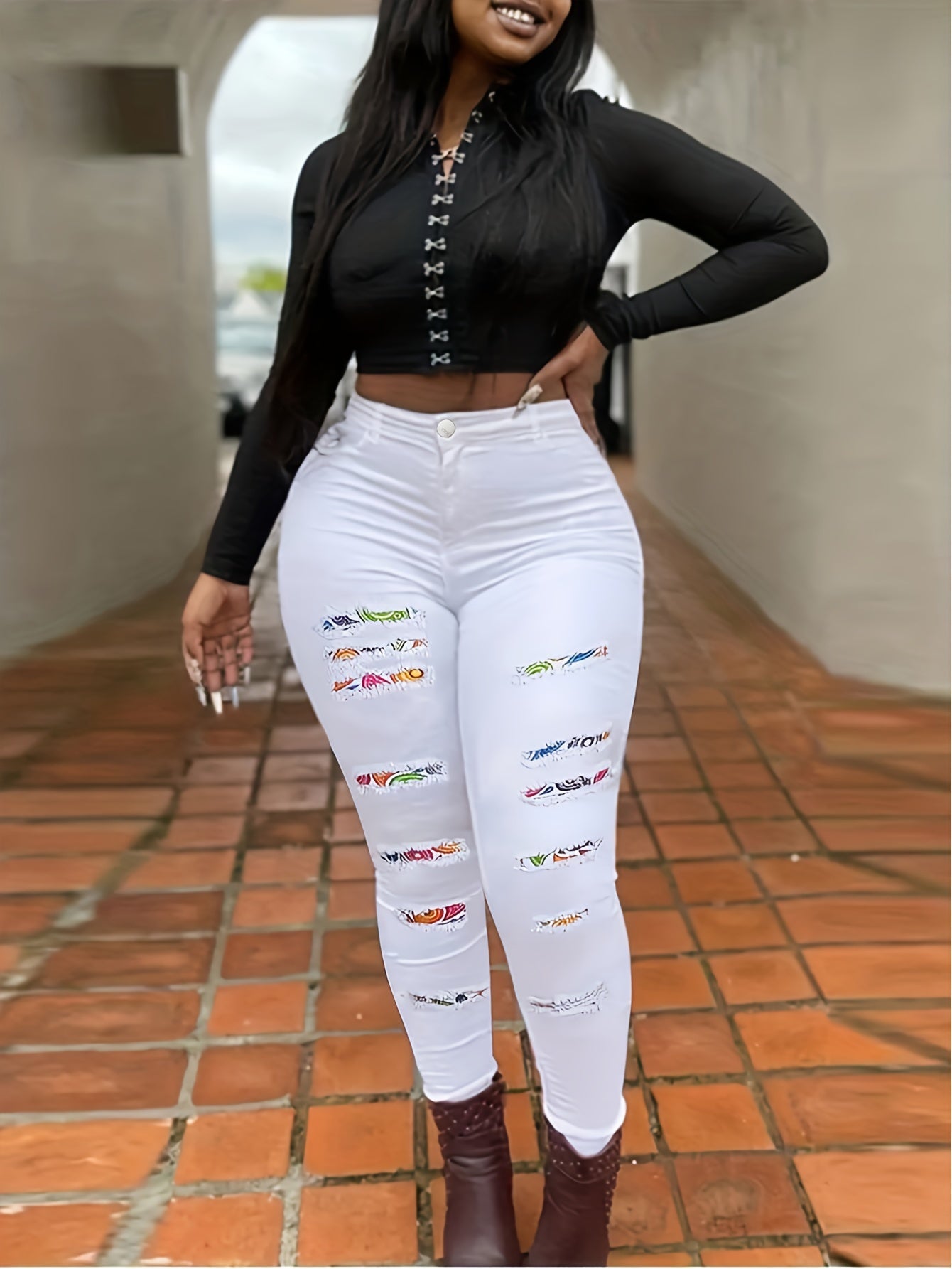 Women's Plus Size Casual Skinny Printed Patchwork Ripped Denim Jeans With Stretch, Full Length Pencil Pants, Fashion Printed Trousers