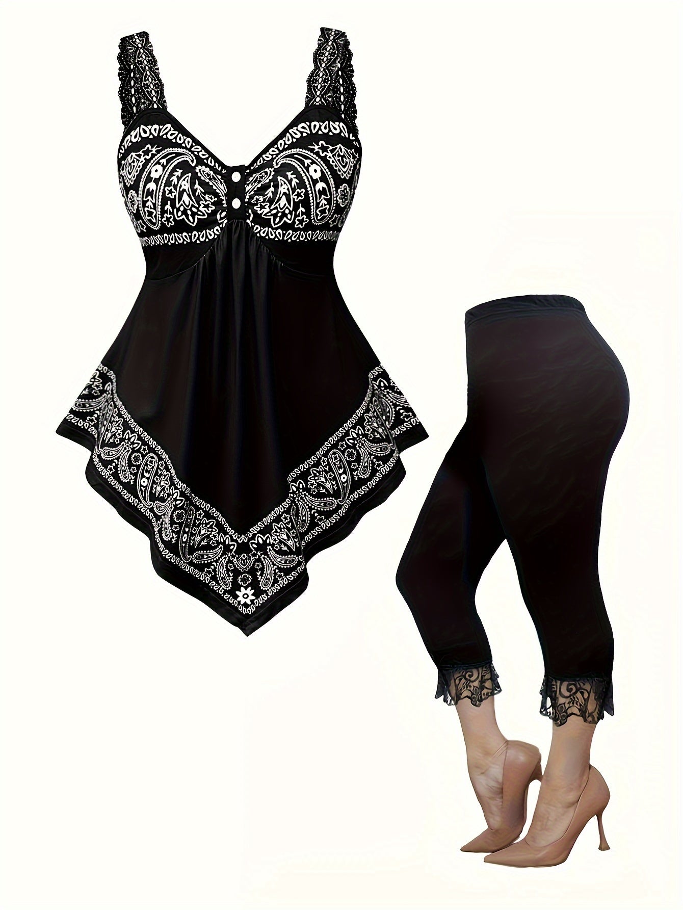 Plus Size Vacation Style Leggings Set, Paisley Print Asymmetrical Hem Lace Tank Top & Lace Stitching Capris Leggings, Women's Plus Size