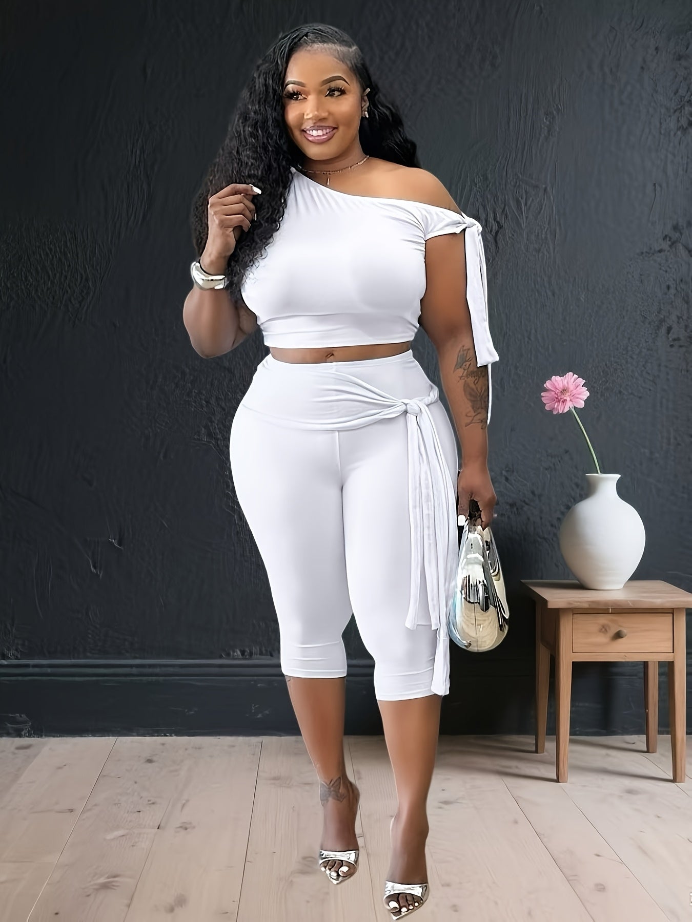 Plus Size - Fashion One-shoulder Strap Two-piece Suit Women'S High Waist Strap Leggings Casual Suit