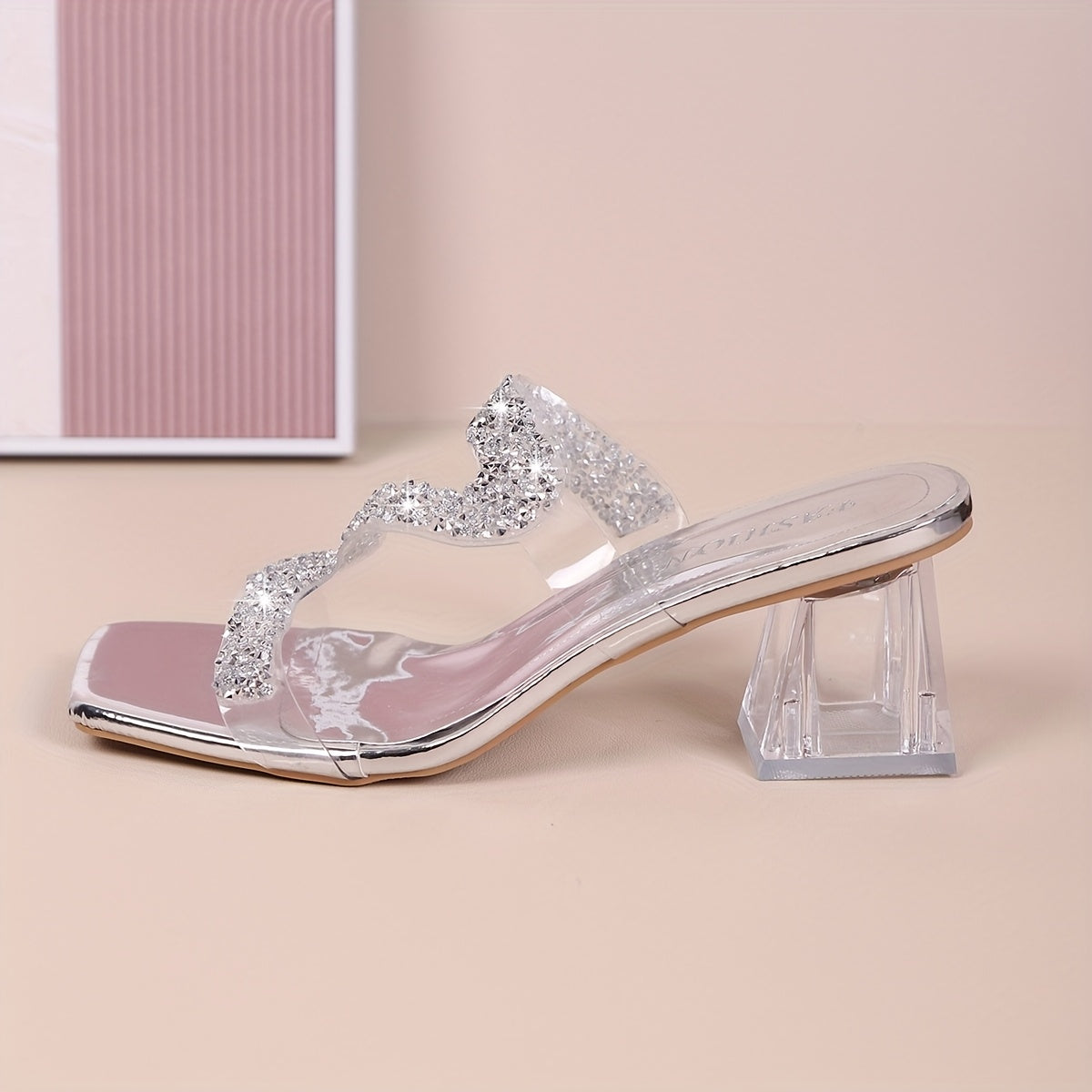 Women's Sparkling Rhinestone High Heel Sandals - Open-Toe Slip-On Summer Party Shoes with Glittery Block Heel, Transparent Straps & Synthetic Cover for Night Out or Casual Wear, Casual Chic Shoes | Strapless High Heels | Rhin