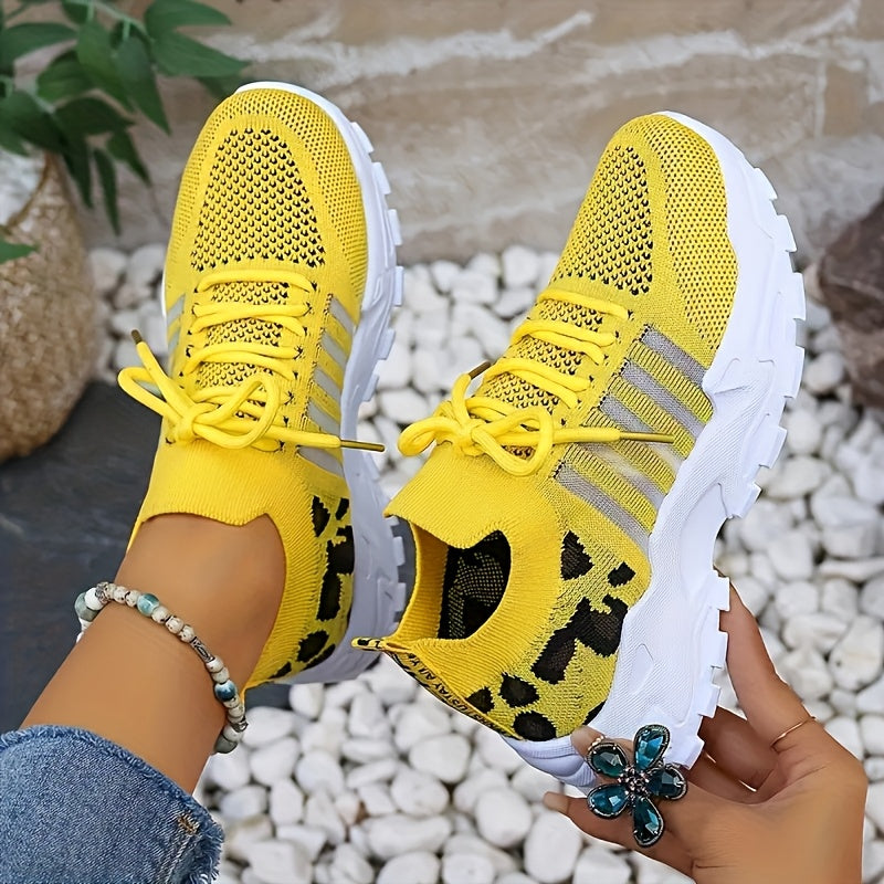 Women'S Shoes, Fashionable New Style, Mesh, Breathable Sports Shoes, Retro White Sneakers, Korean-Style, Casual Women'S Shoes, Leopard Print Embellishment, Running, Walking, Brisk Walking, Tennis, Outdoor