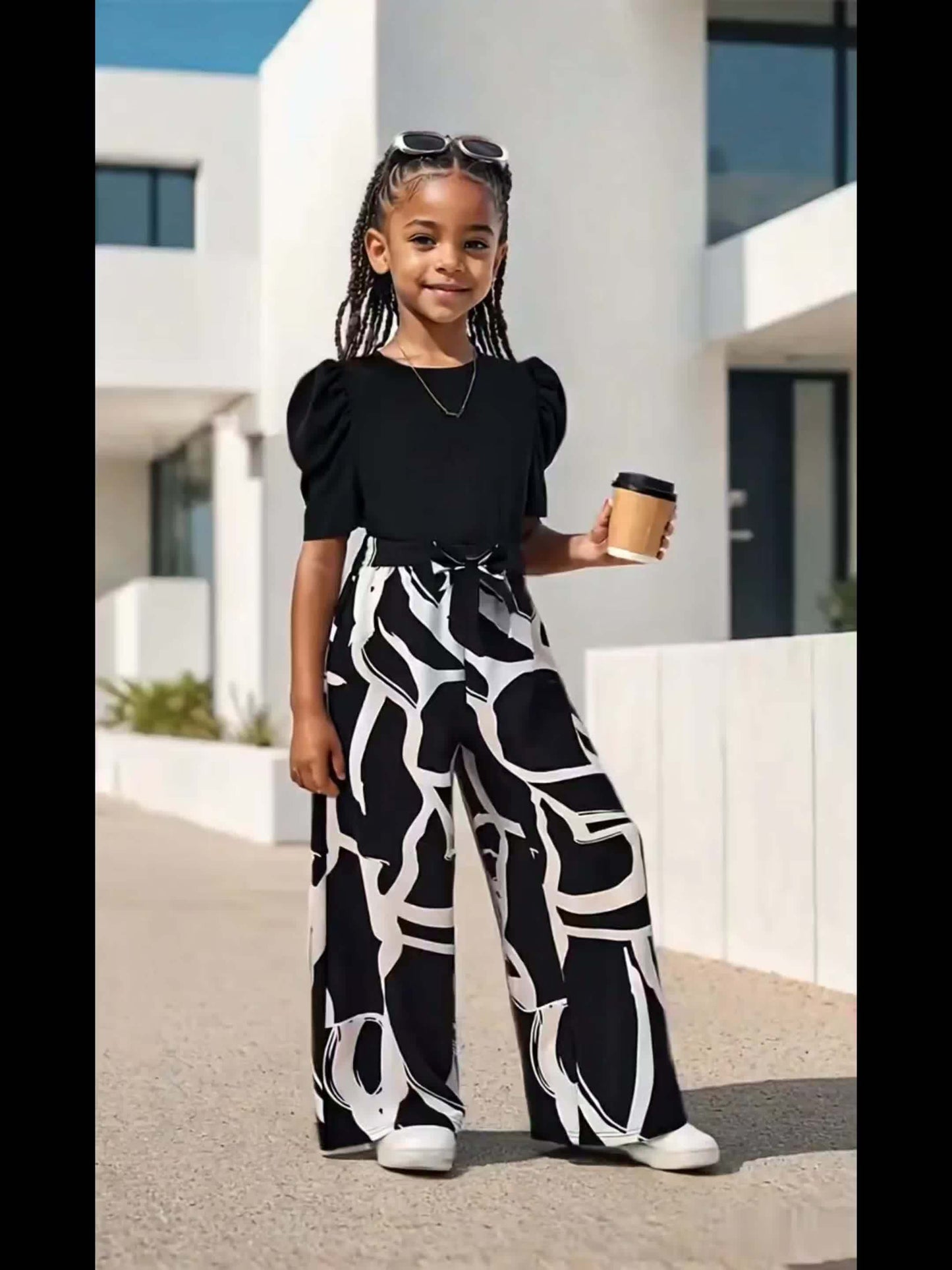 Bubble Sleeve Fashion Simple Top & Stylish Floral Print Wide Leg Pants, Girls' Long Trousers Set, Children's Casual Fashion Wide Leg Outfit Suitable for Ages 3 and Up, Perfect for Outdoor