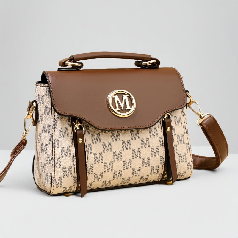Vintage Geometric Women's Handbag - Large Capacity PU Shoulder Bag with Golden-Tone Hardware, Herringbone Pattern & Letter "M" Design, Detachable Strap, Perfect for Everyday Use (Light Brown/White/Black)