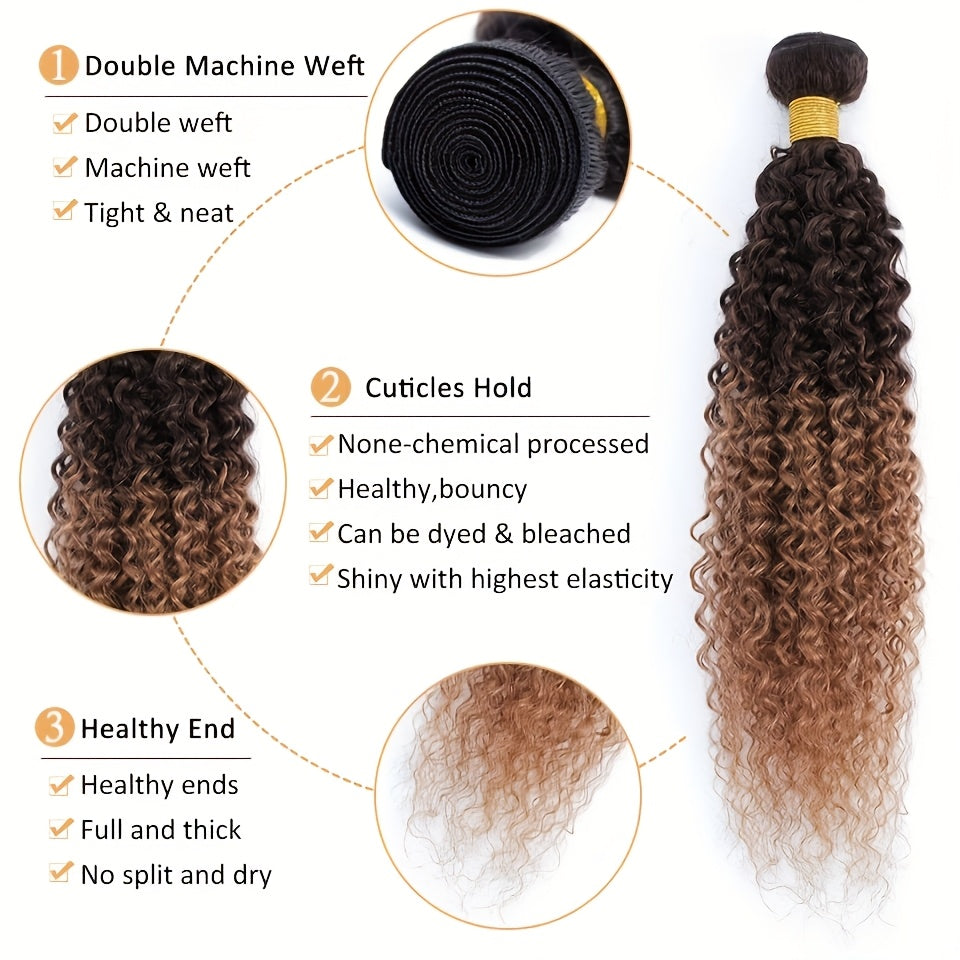 3 Bundles Brazilian Virgin 100% Unprocessed Human Hair Extensions - 4x4 Lace Closure, Ombre Color (T4/30 Medium Brown/Reddish Brown), Curly Wave Texture for Women, All Ethnicities, Natural Look & Versatile Styling, Realistic