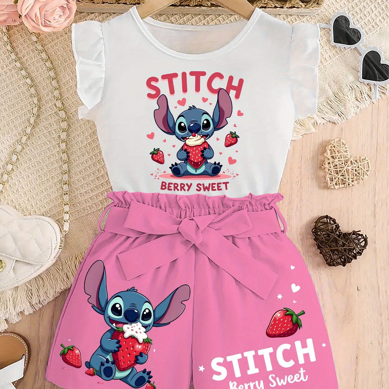 Stitch & Strawberry "Berry Sweet" Two-Piece Kids' Outfit - Cute Cartoon Print Top with Ruffled Edges & High-Waisted Shorts, Perfect for Summer Outdoor Activities, Outdoor Play Attire|Playful Design|Stretchy Fabric