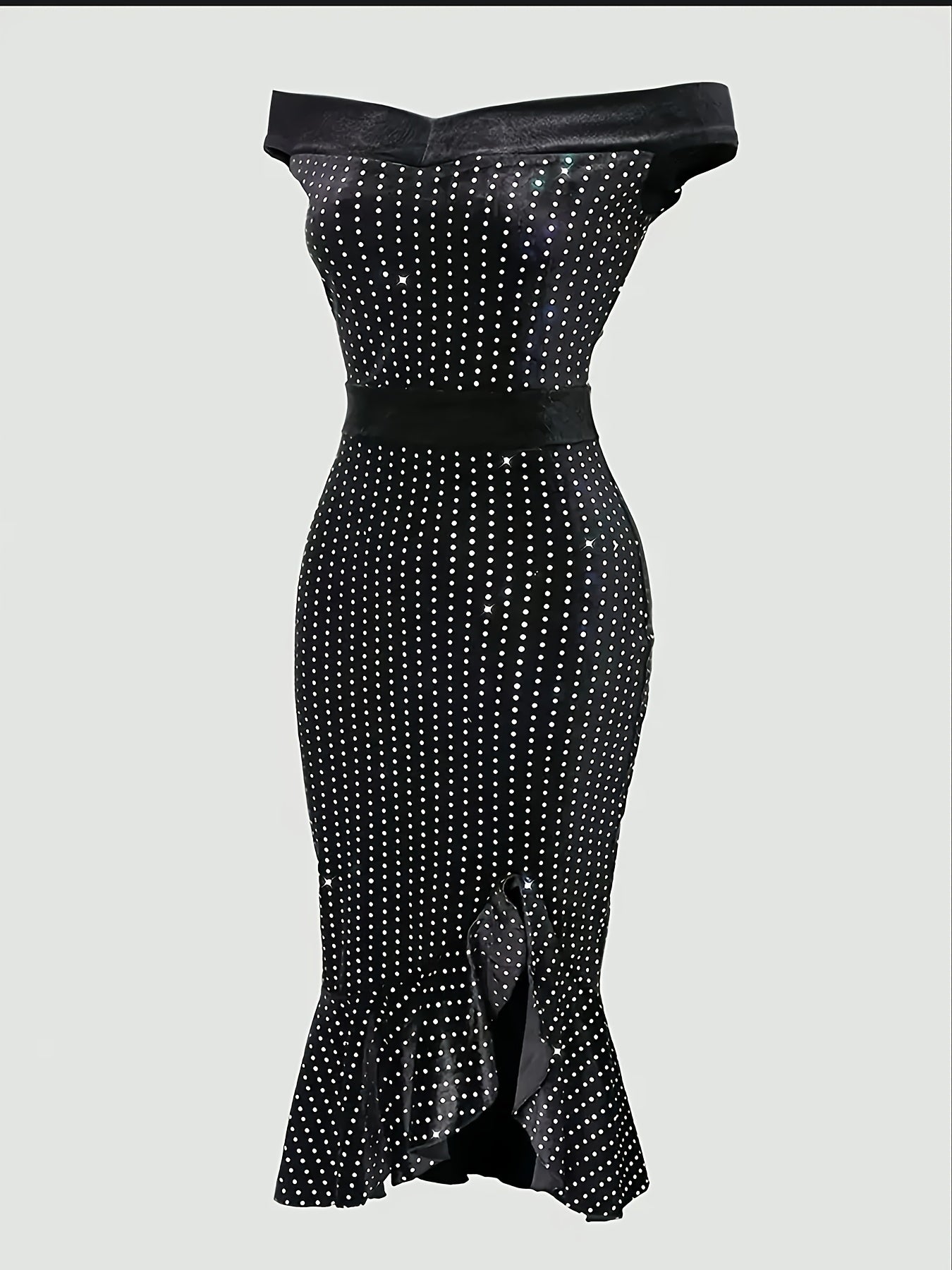 Plus Size - Elegant Plus-Size Sequin Dress for Women - Off the Shoulder, Ruffle Hem, Stretchy Polyester, Black Polka Dot Design, Perfect for Vacation & All-Season Wear, Elegant Event Attire | Offshoulder Dress | Polka Dot Pat