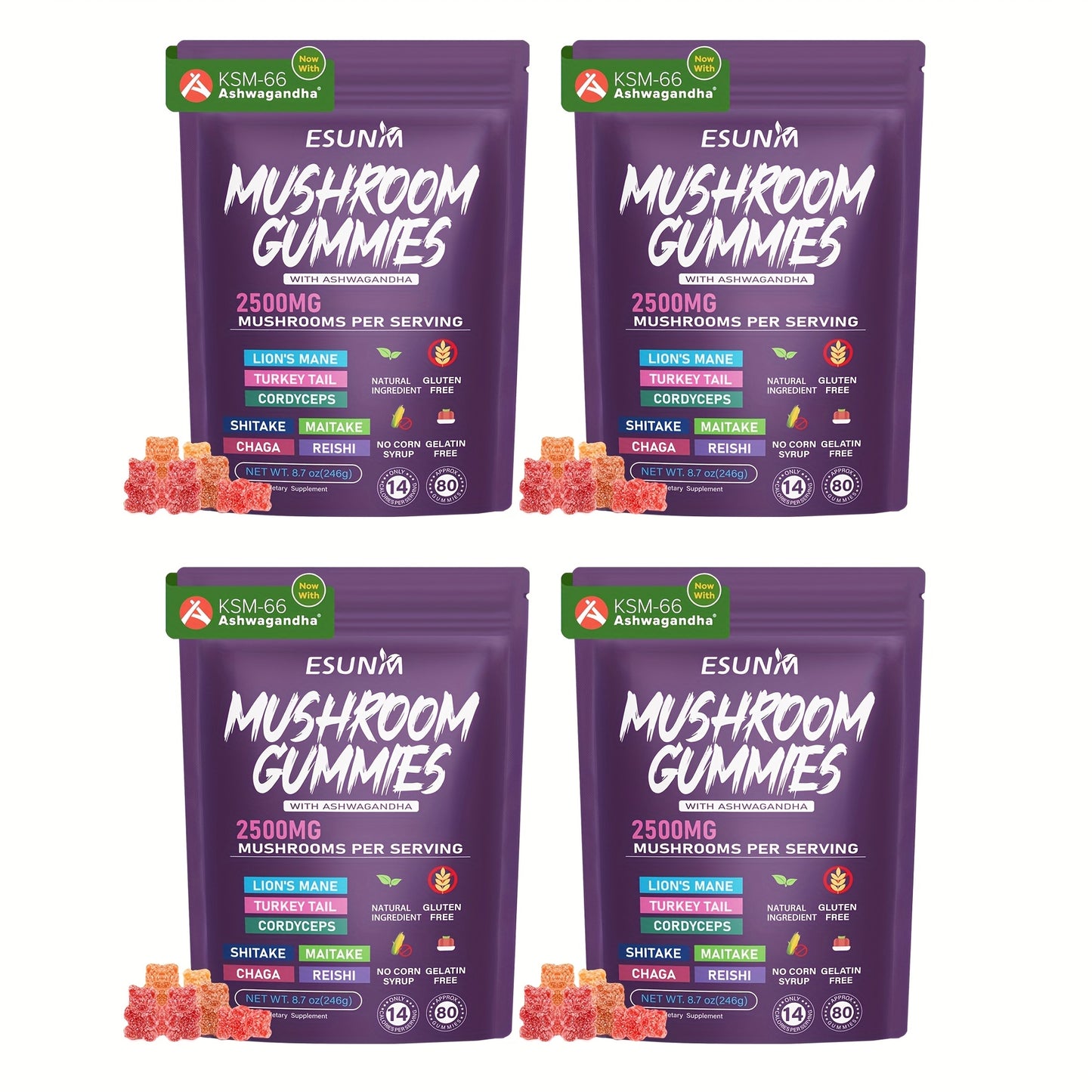 1/2/3/4 Bags of Lion's Mane Mushroom Gummies, Ashwagandha Gummies - Contains Ganoderma, Cordyceps, Turkey Tail, Dancer's Mushroom, Shiitake and Bupleurum, Low Carb, 80 Gummies per Bag, ESUNM