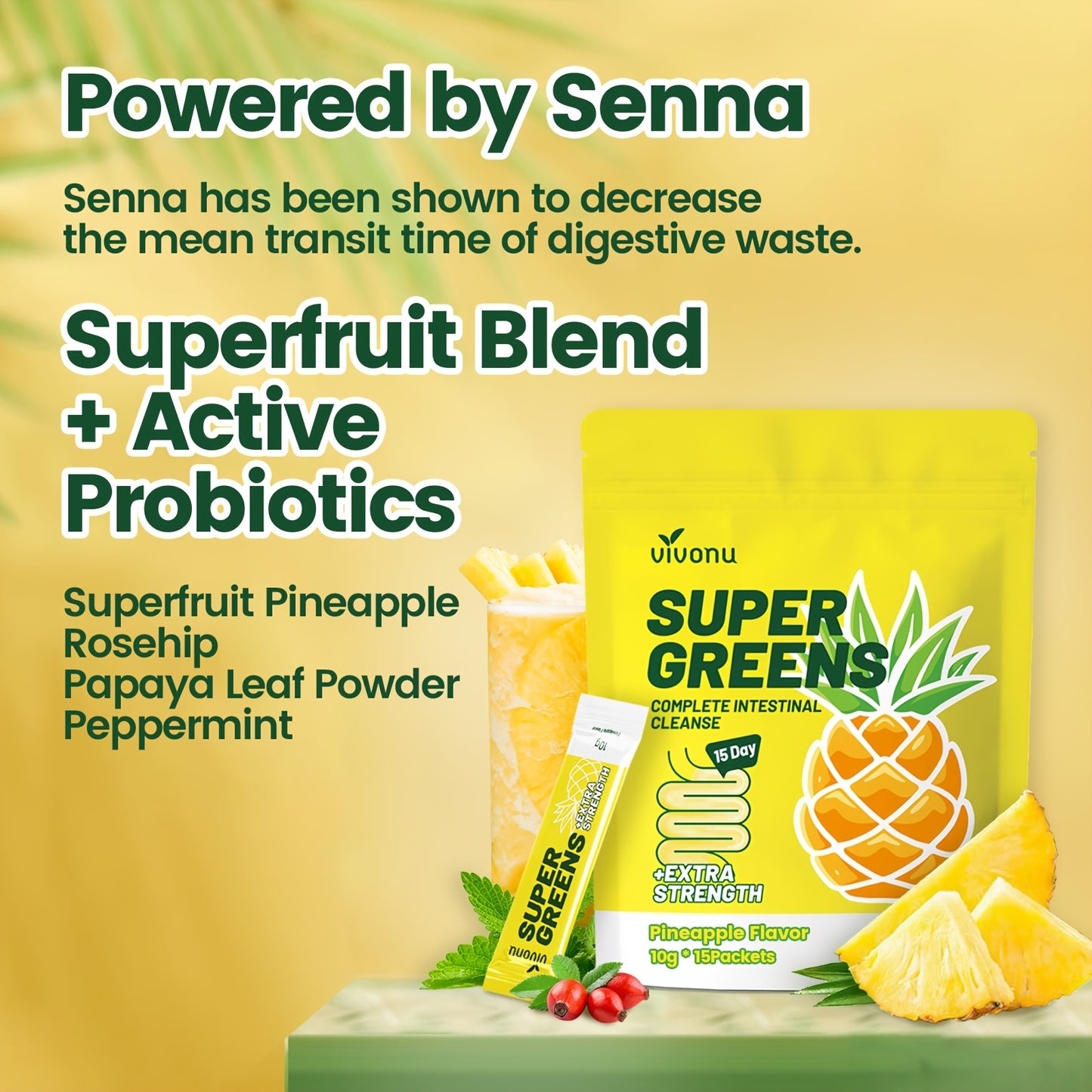 Super Greens | Pineapple Powder | Colon Cleanse And Digestive Support | Support Gut Health I Natural Sweetener No Artificial Flavors | Daily Fiber To Eliminate Toxins And Reduce Bloating (15 Servings/1 Bag)