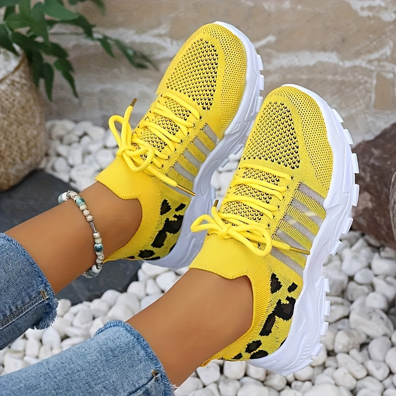 Women'S Shoes, Fashionable New Style, Mesh, Breathable Sports Shoes, Retro White Sneakers, Korean-Style, Casual Women'S Shoes, Leopard Print Embellishment, Running, Walking, Brisk Walking, Tennis, Outdoor