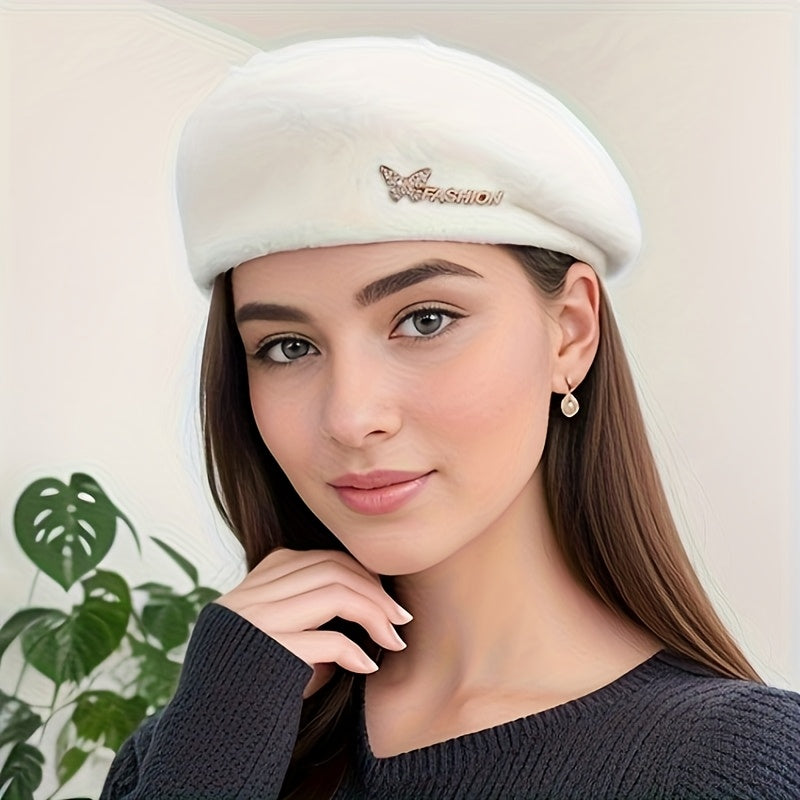 1pc Women's Rich Red Wool Beret Hat with Rhinestone Butterfly & Letter Embellishments - 3D Structured Painter-Style Wedding & Special Occasion Accessory, Breathable Non-Stretch Fit, Stylish Letter Motif, Decorative Elements