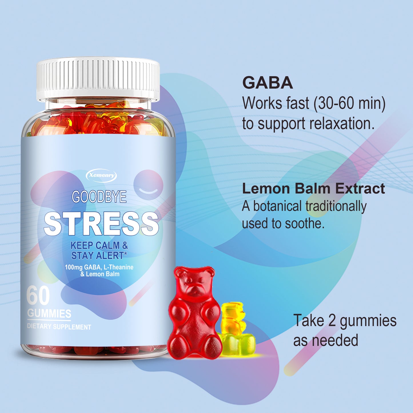 Goodbye Stress - Contains Gamma-aminobutyric Acid, L-Theanine, Lemon Balm Extract, Supports Mood, Relaxation and Sleep - 60pcs