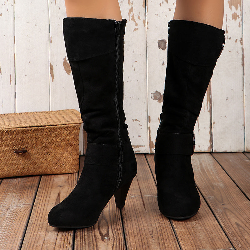 Chic Women's Mid-Calf Boots with Stiletto Heel - Side Zipper, Comfortable Fabric Lining, Rubber Sole - Perfect for Casual Outings